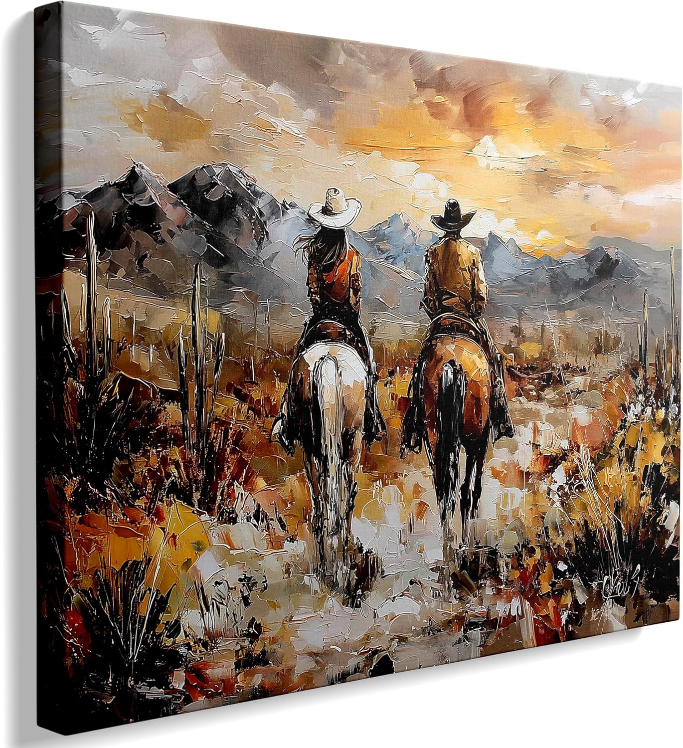 Ypxzzj Western Cowboy and Cowgirl on Horses Canvas Wall Art Mountain Desert Landscape Sunset Painting Horse Poster Picture Rustic Equestrian Decor for Living Room Ranch Bedroom(16''x24'')