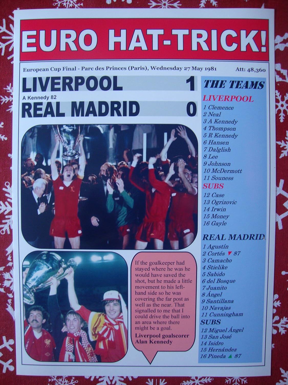 Sports Prints UK Liverpool 1 Real Madrid 0-1981 European Cup final - souvenir print