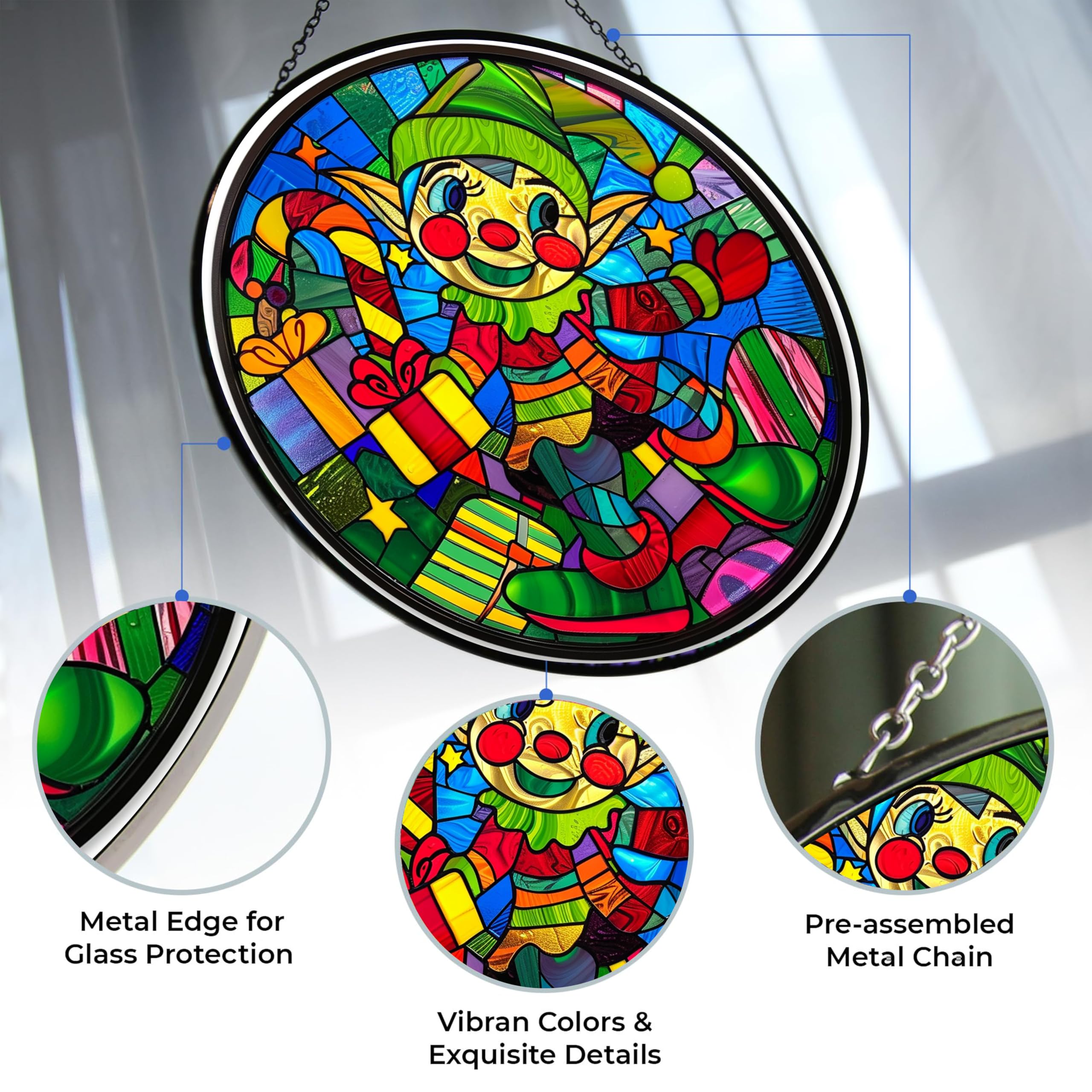365CUSGIFTS Christmas Elf Stained Glass Window Hangings, Handcrafted Stained Glass Suncatchers, Gift for Cat Lovers Nature Lovers 12”x12” Mothers Day