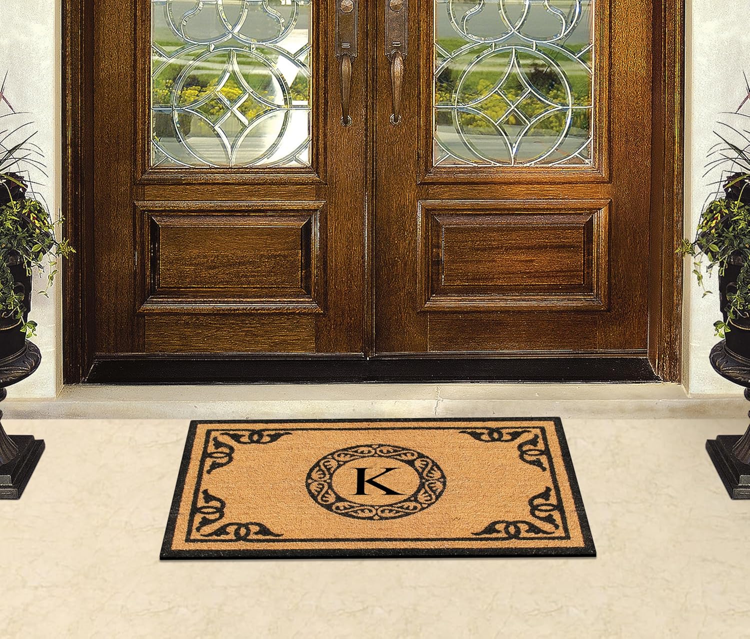 A1HC Natural Coir Monogrammed Doormat for Outside Entrance, Anti-Shed Treated Mats, Heavy Duty Durable EntryMat, Easy to Clean Front Door Mat - K, 24" X 39"
