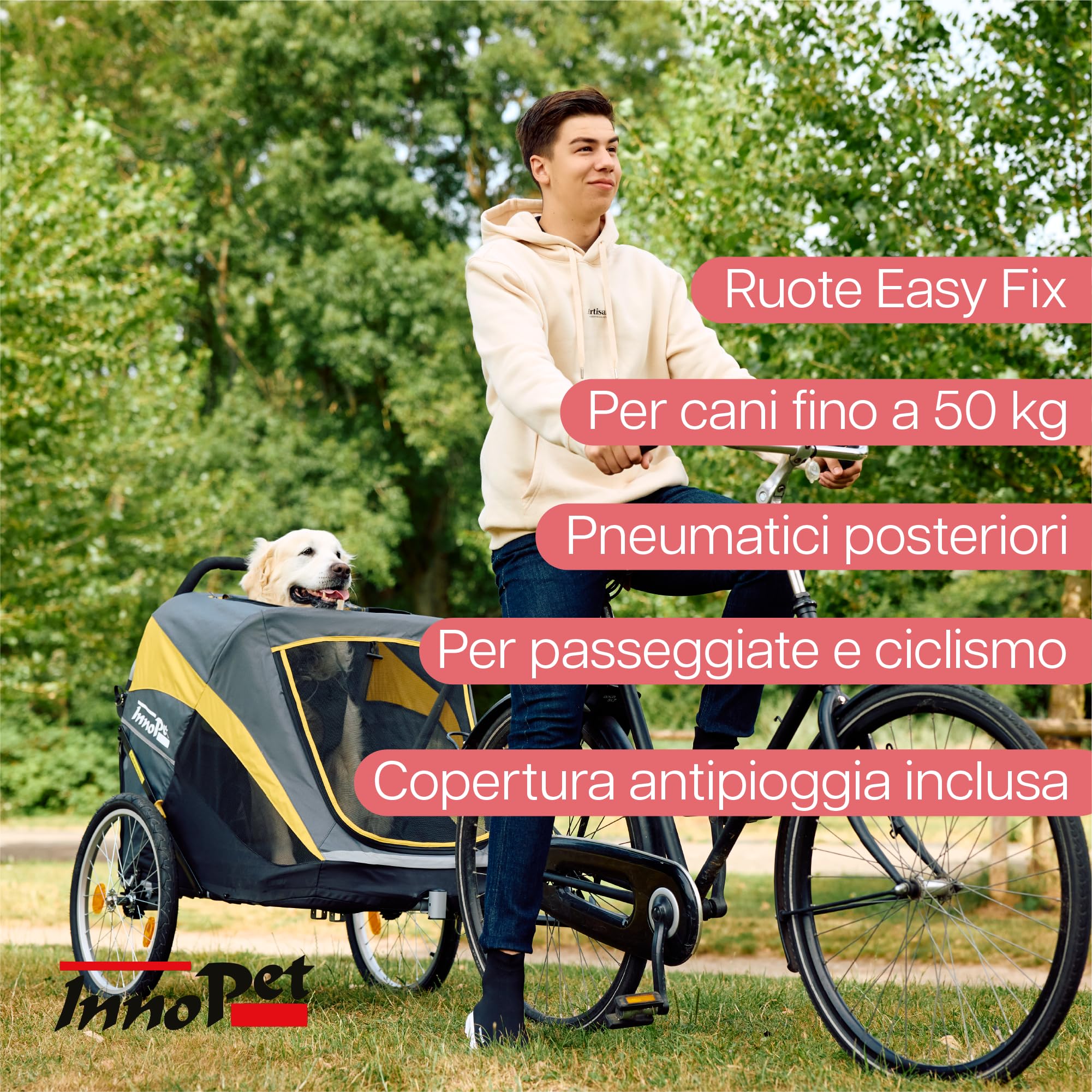 Innopet Hercules 2-in-1 Dog Stroller and Bike Trailer Giallo/Grigio - Passeggino per cani di grossa e rimorchio per bicicletta con barra di traino - Pneumatici da 20 pollici - Copertura antipioggia