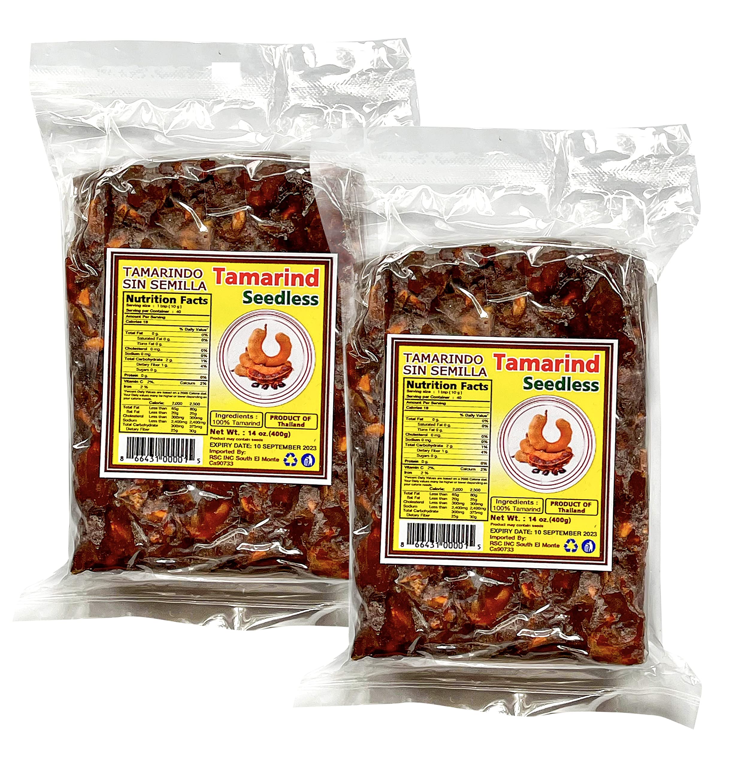 (2 Pack) Tamarind Wet Seedless Block/Slab 14oz (400g) All Natural No added sugar Vegan Gluten Free Seedless, Pulpa de Tamarindo Natural Sin Semilla, 14 oz