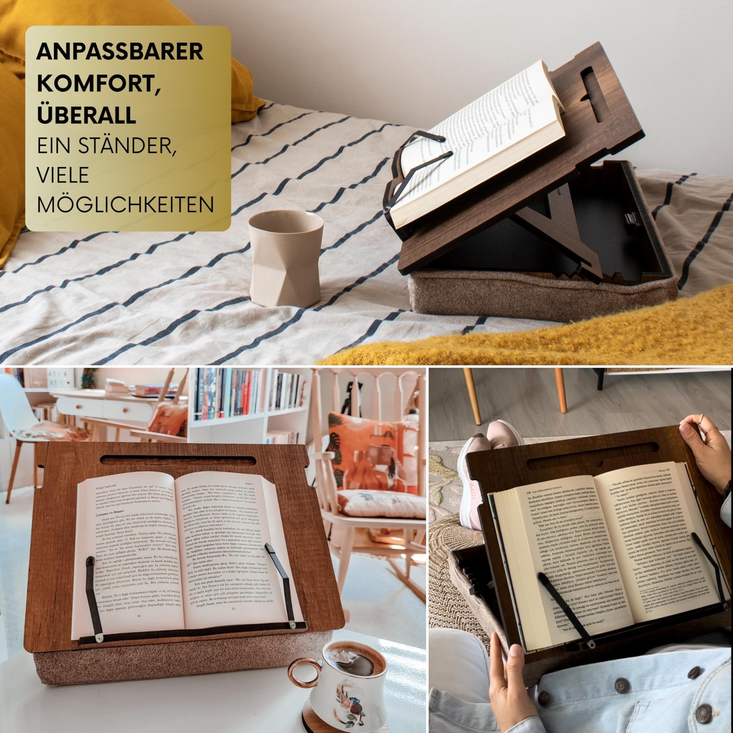 Vigo Wood Buchständer mit Stauraum, Buchhalter, Leseständer, Kochbuchhalter, Rezeptbuch Ständer, Holz Buchstützen zum Lesen, Kochbuchständer für die Küche, Buchhalter zum Lesen im Bett (Walnuss)