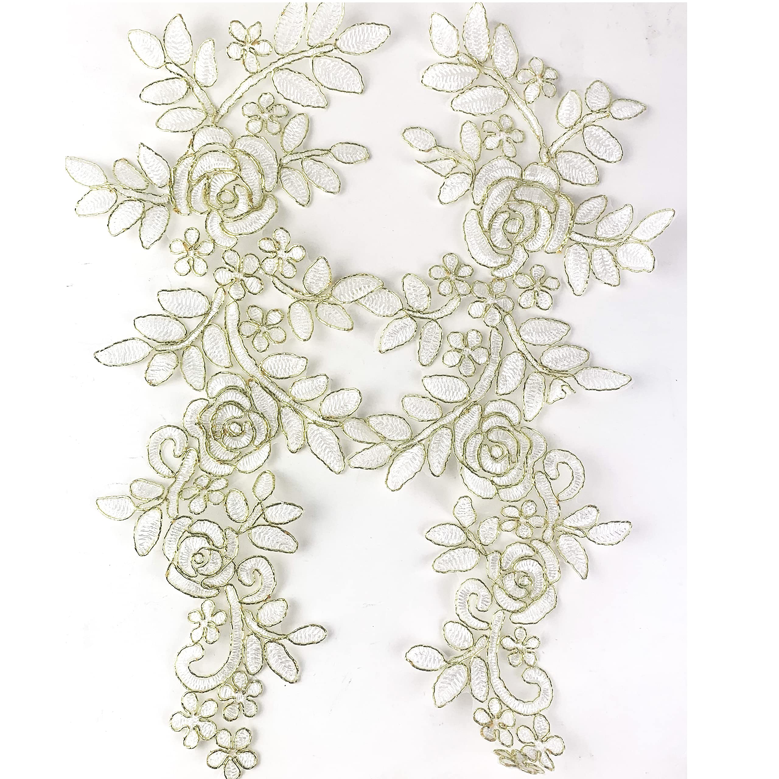 Worlds 1 Pair White and Gold Edge Lace Fabric Patches Embroidery Applique Lace Floral Motif Wedding Dress Sewing Trims Decor 35 X 14.5cm