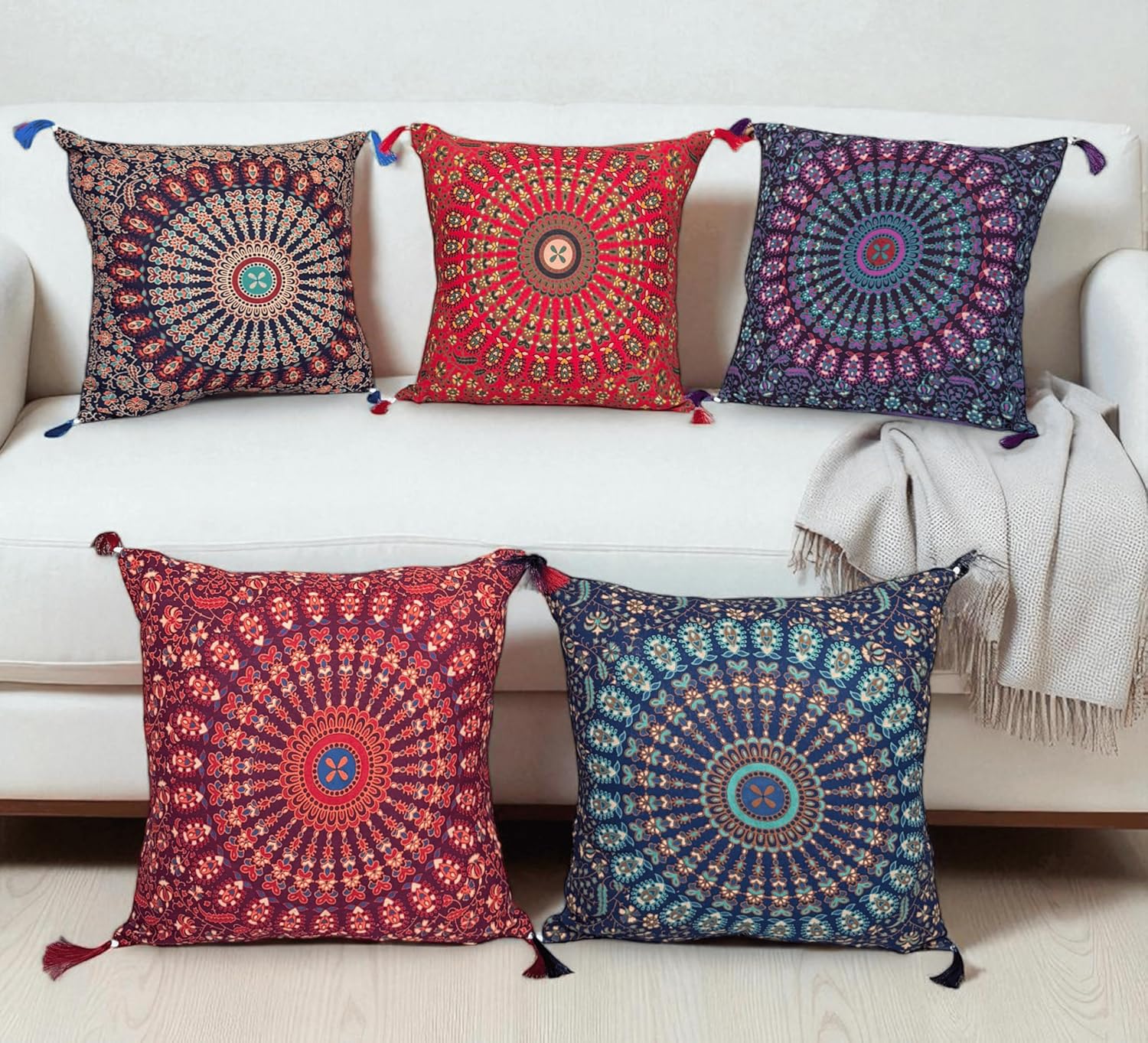 Set Of 5 Boho Throw Pillow Covers - Silk Decorative Cushions For Sofa, Couch, And Bed – Bohemian, Indian & Moroccan Inspired Home DéCor For Living Room (Mandala Cushion Cover, 18X18 Inches)