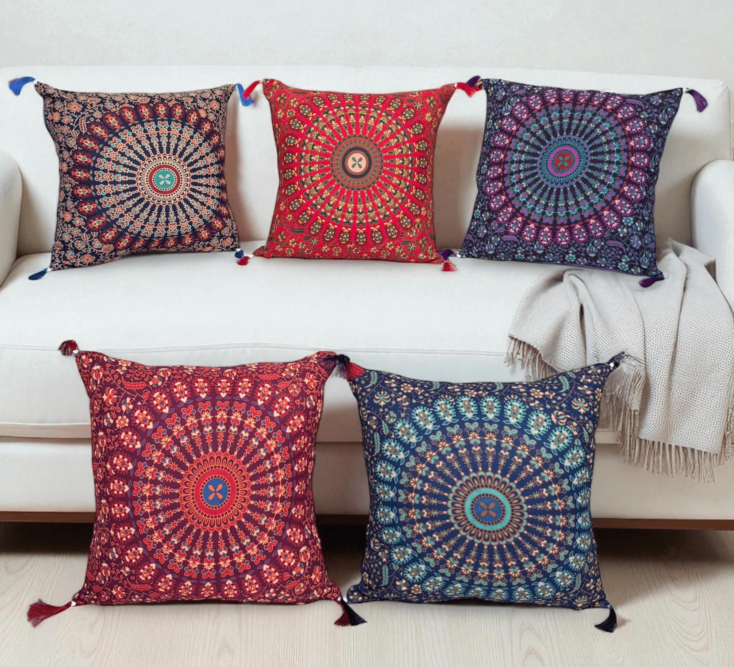16X16 Indian Ethnic Mandala Peacock Bohemian Set of 5 Decorative Colorful Cotton Square for Sofa Set Home Decorative Boho Throw Pillow Case Cushion Cover