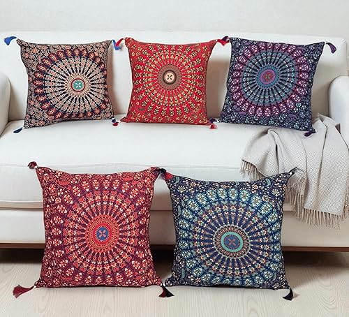 100% Cotton Mandala Pillow Covers Set of 5 Pcs Throw Pillows for Couch Decorative Pillow Covers 18x18 in. Boho Throw Pillows -Farmhouse Pillow