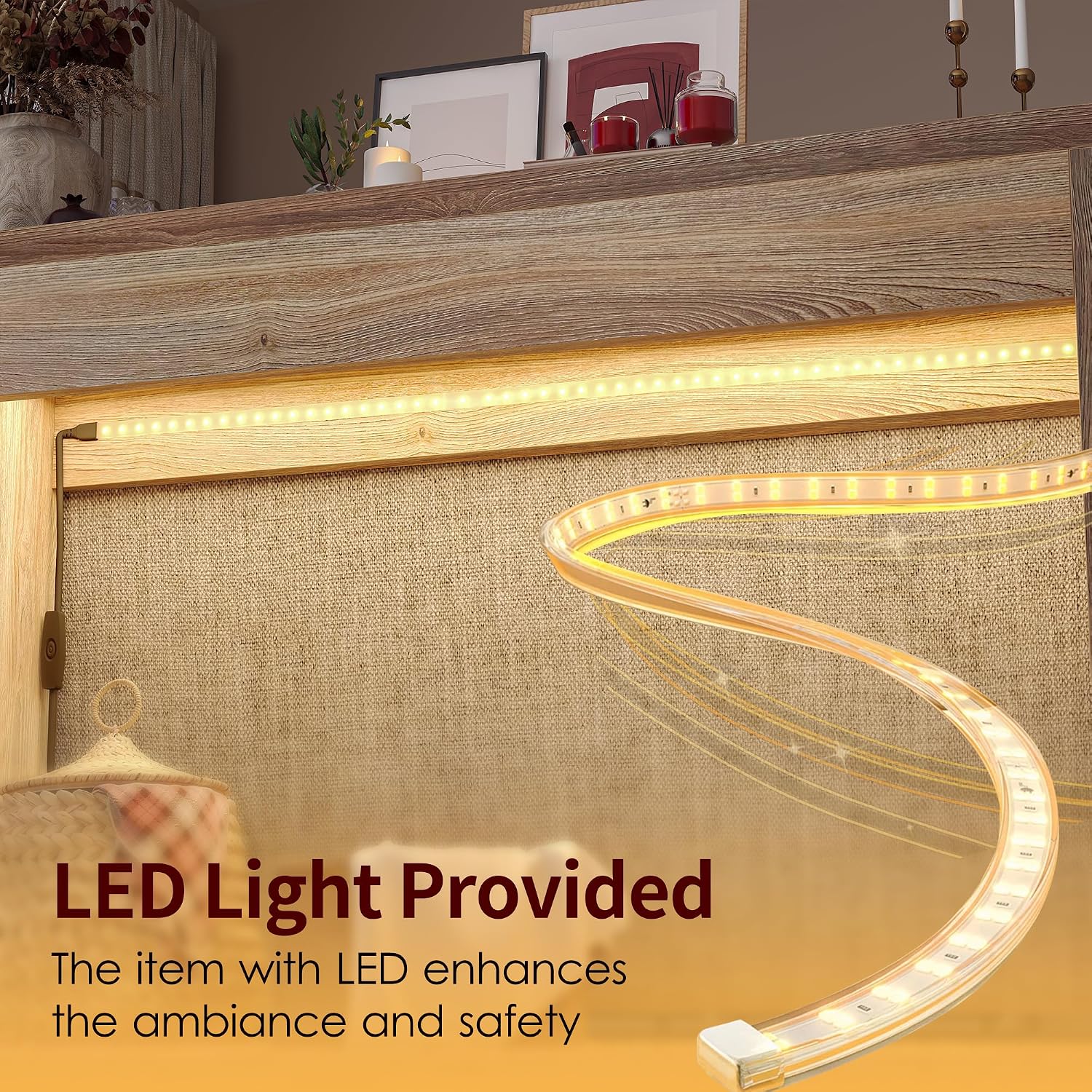 TIQLAB Console Table, Entryway Table with LED Light, 44 Inches for Living Room, Bedroom, Maple