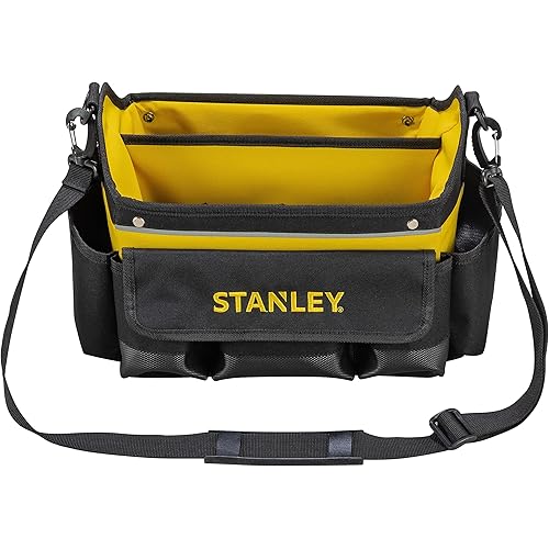 STANLEY 600 Denier Open Mouth Tote Tool Bag, Heavy Duty Steel Handle, Multi-Pockets Storage for Small Parts, 12 Inch, STST1-70718
