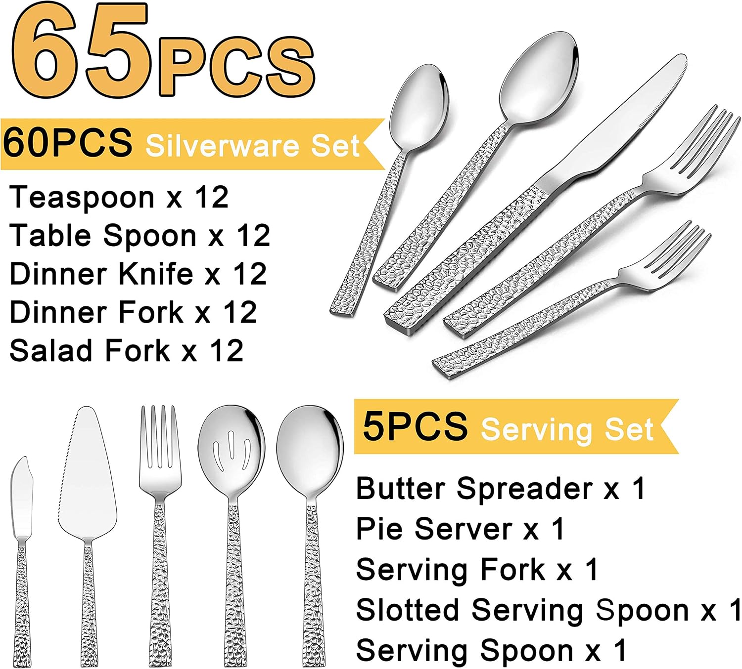 Homikit 65-Piece Silverware Set with Serving Utensils, Stainless Steel Hammered Square Flatware Cutlery Set for 12, Fancy Eating Utensils Tableware Sets Include Knife Fork Spoon, Dishwasher Safe