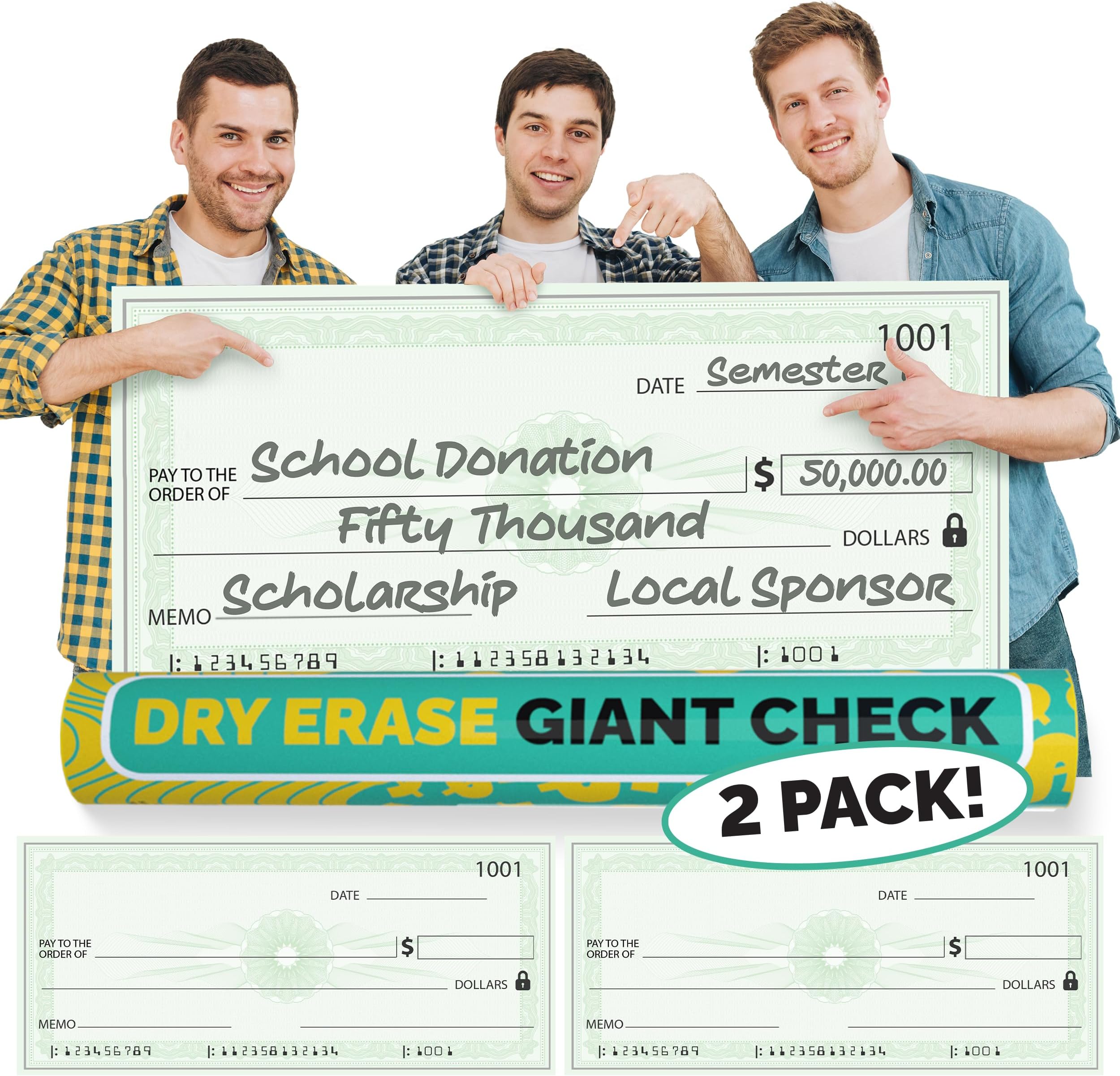 (2 Pack) Big Checks For Presentations | 36 x 16" Dry Erase Giant Check - Oversized Fake Checks For Presentation, Big Check Fundraiser Items, Large Check, Big Blank Check Plaque, Reusable Fake Check