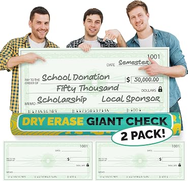 2 Pack Big Checks For Presentations | 36 x 16" Dry Erase Giant Check - Oversized Fake Checks For Presentation, Big Check Fundraiser Items, Large Check, Big Blank Check Plaque, Reusable Fake Check
