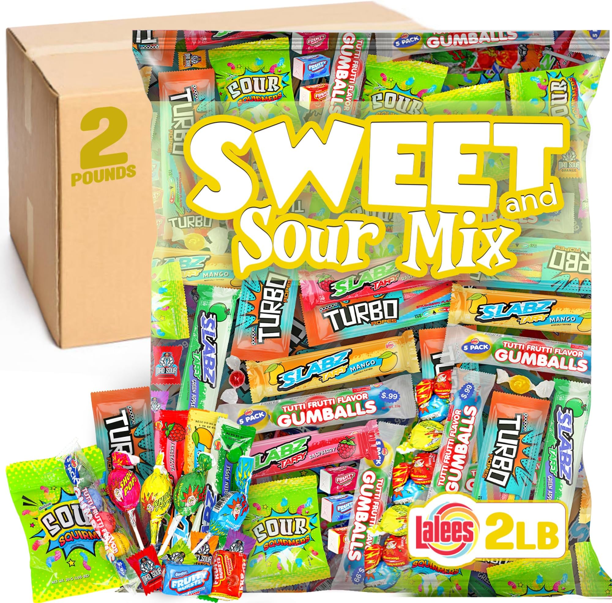 Lalees Sour Candy Variety Pack - 2 Pounds - Bulk Holiday Candy - Individually Wrapped Candy for Stocking - Assorted Pinata Candy - Candy For Goodie Bags - Party Favors For Kids