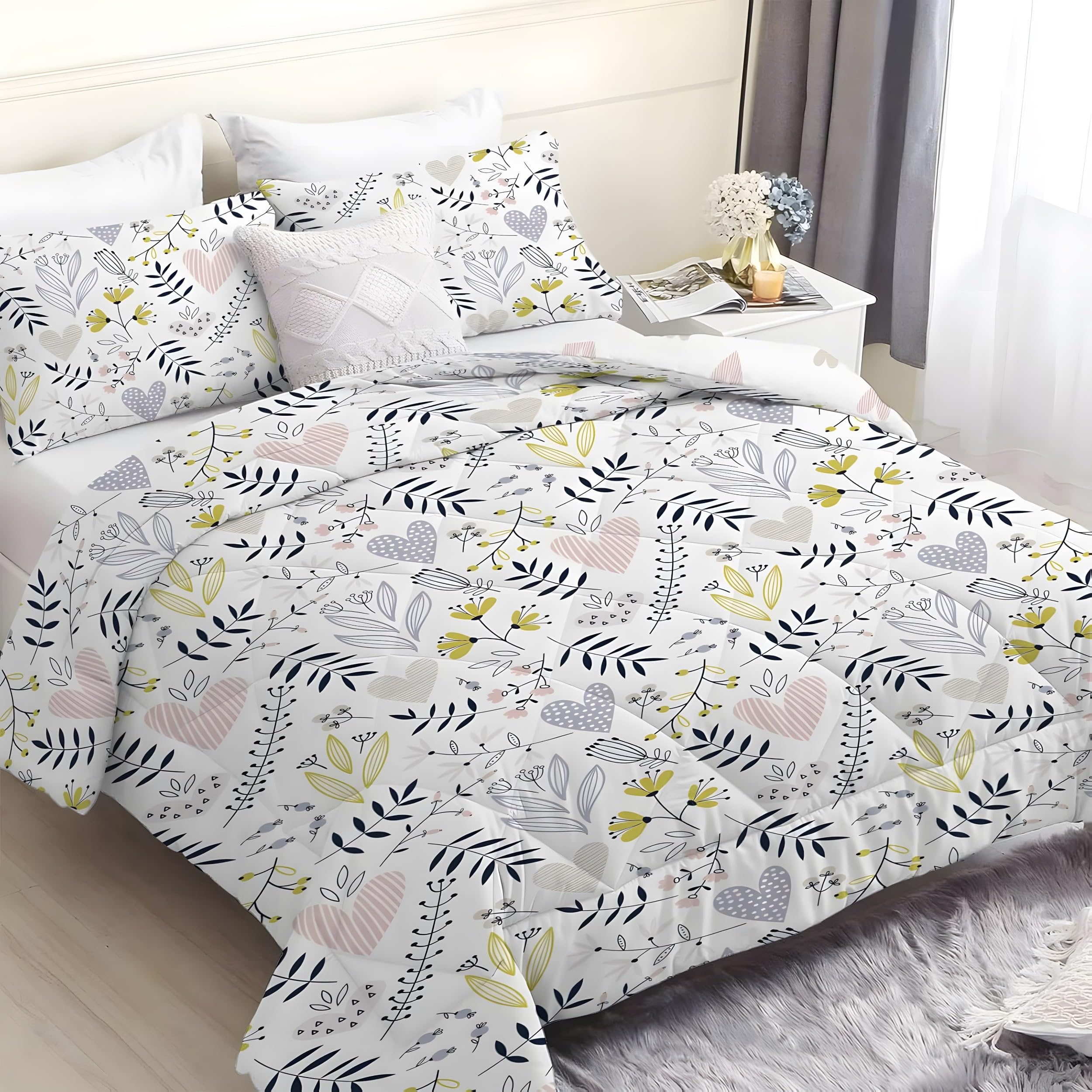 Rośliny i kwiaty pojedyncza poszwa na kołdrę, dwustronny design, kołdra w kształcie serca i 2 poszewki na poduszki do dekoracji sypialni, ultramiękka mikrofibra 10,5 Tog, na wszystkie pory roku, sm998