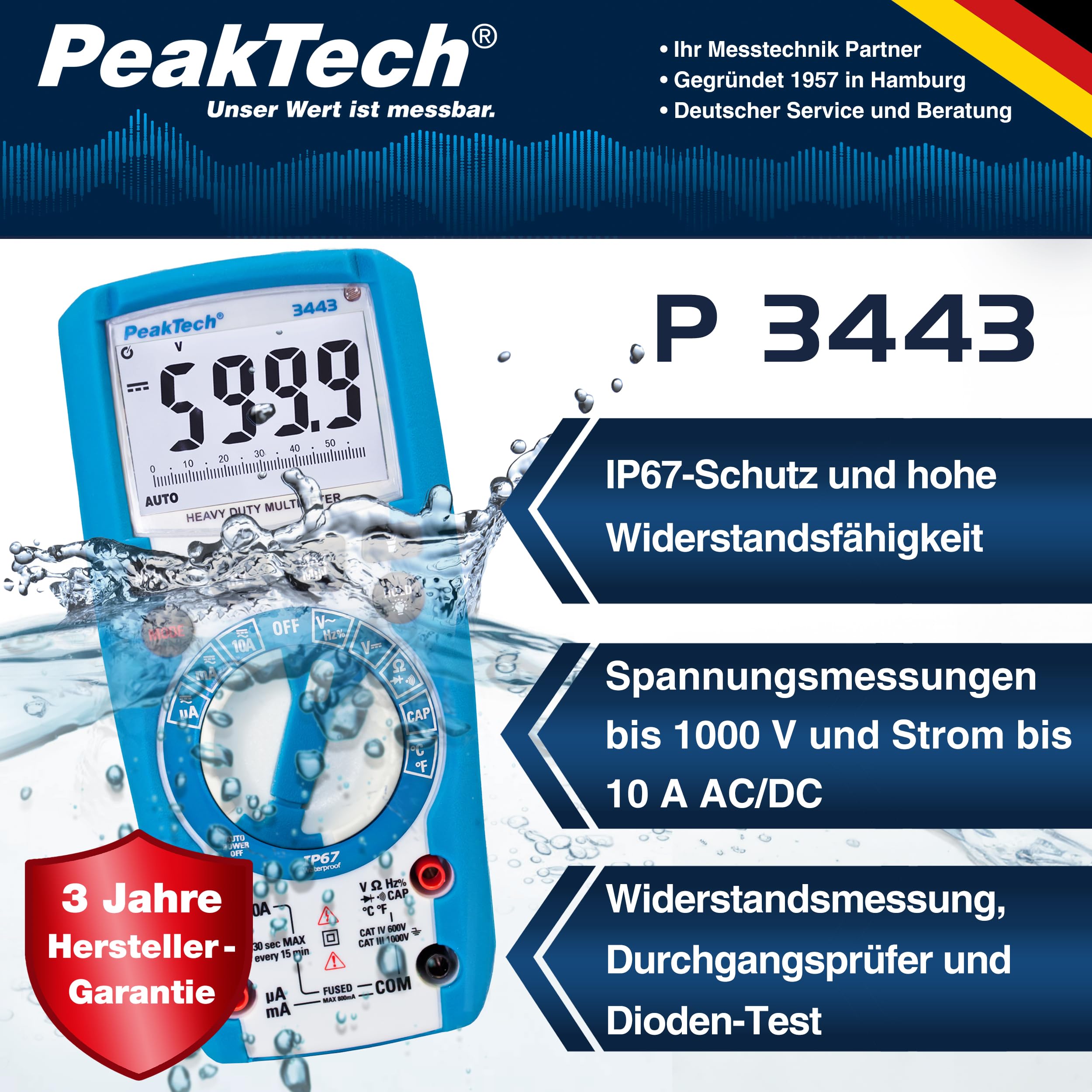 PeakTech 3443 – Multimetro digitale con illuminazione a LED, Impermeabile (IP67), 6000 conteggi, Custodia estremamente robusta, Multimetro tascabile, Voltmetro, Tester di continuità - CAT III 1000V
