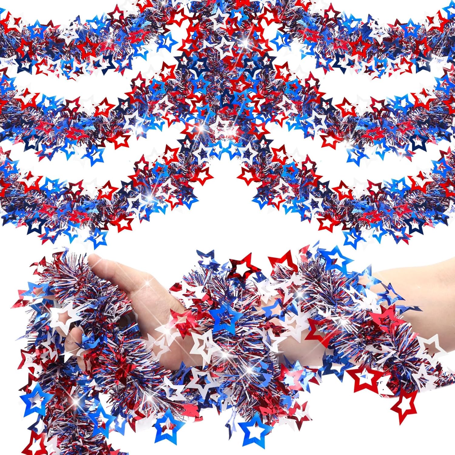 Crowye 2 Pack 80 ft 4th of July Tinsel Garland, Red White and Blue Garland Decoration Patriotic Metallic Glitter Stars for Memorial Day Independence Day 250th Anniversary Tinsel for Golf Cart Decor