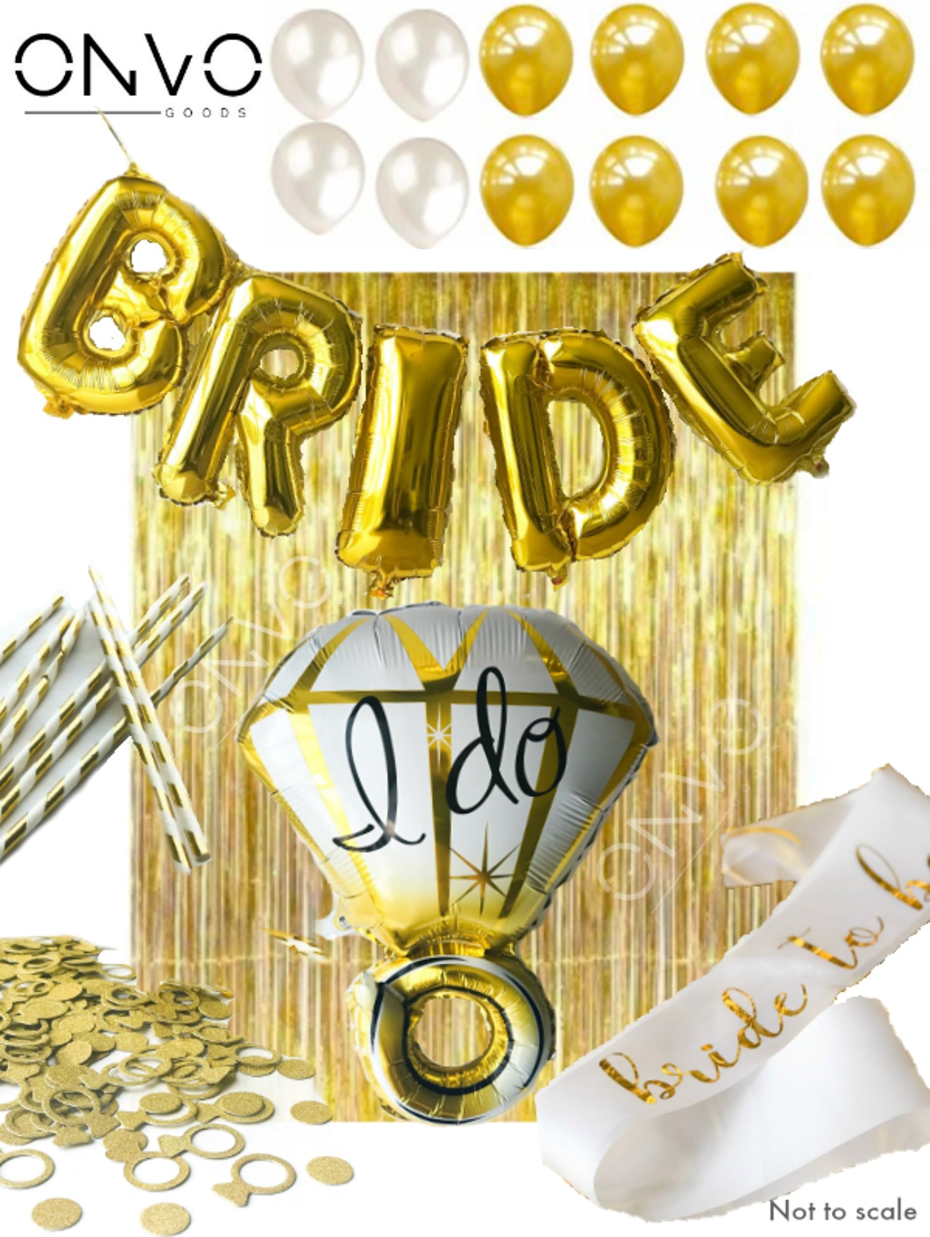 ONVO goods Bridal Shower & Bachelorette Party Decorations: Ring Foil Balloon, Bride Foil Balloon, 8 Latex Balloons, Metallic Silver Gold Foil Fringe Curtains, Bride Sash, Confetti, Straws.
