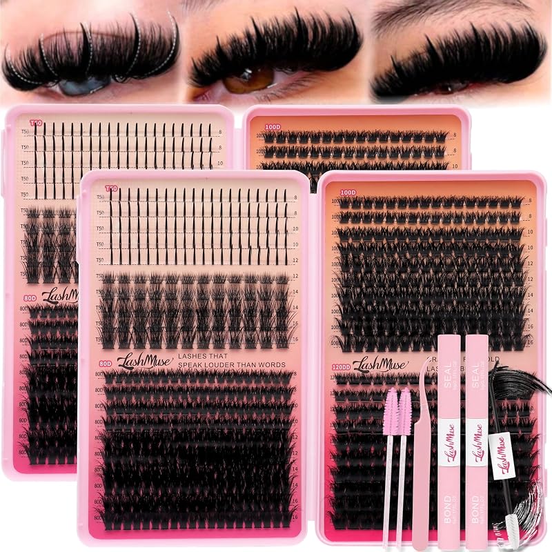 Plsezimy Kit com 1360 cílios postiços em tufos, com pontas e curvatura D, densidades 80D, 100D e 120D