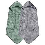 Yoofoss Hooded Baby Towels for Newborn 2 Pack 100% Muslin Organic Cotton Baby Bath Towel with Hood for Babies, Infant, Toddler and Kids, 32x32Inch, Soft and Absorbent Newborn Essential,Grey&Dark Green