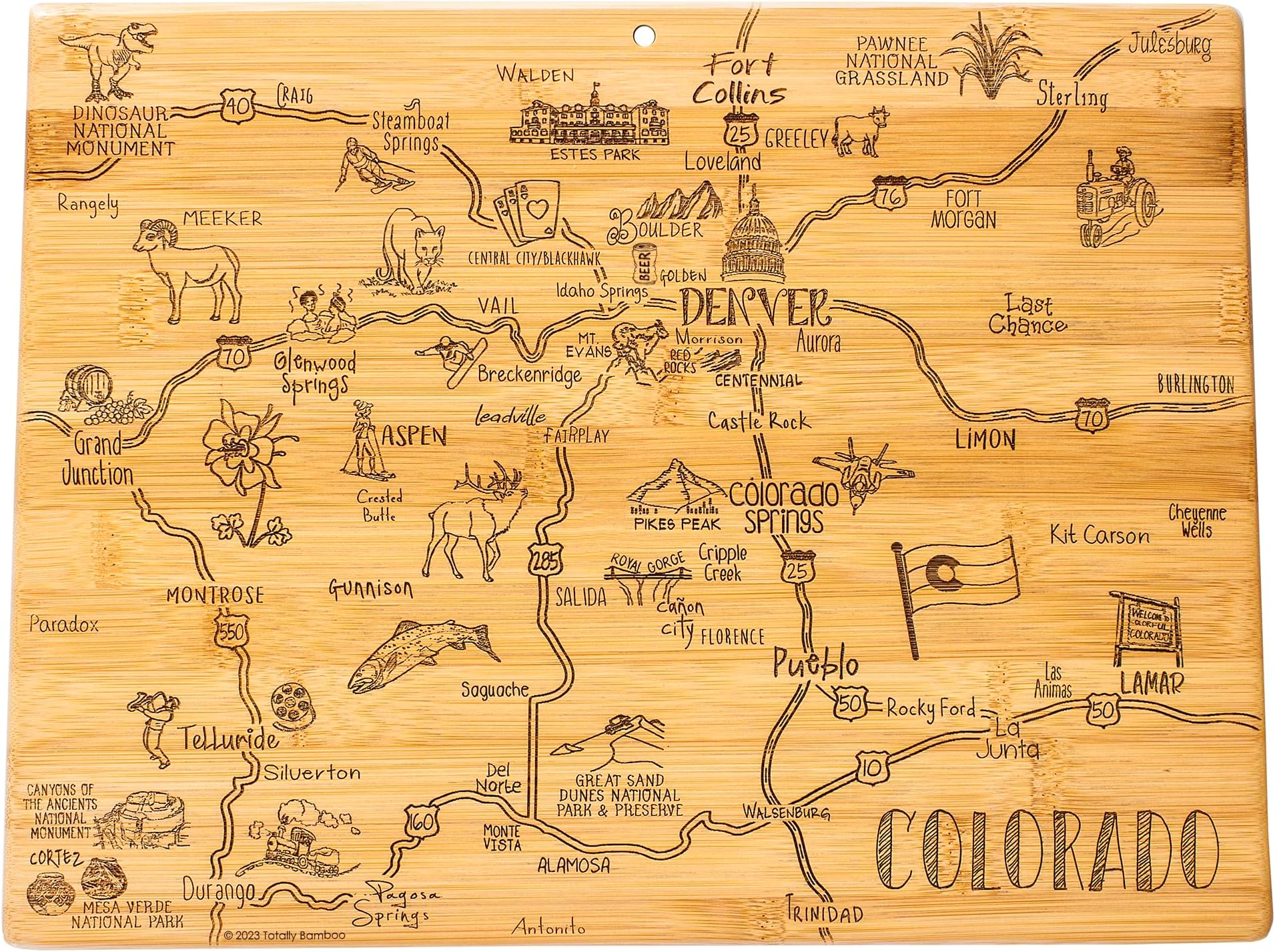 Totally Bamboo Destination Colorado Shaped Cutting Board – Bamboo Charcuterie and Serving Board with Hang Tie for Wall Display