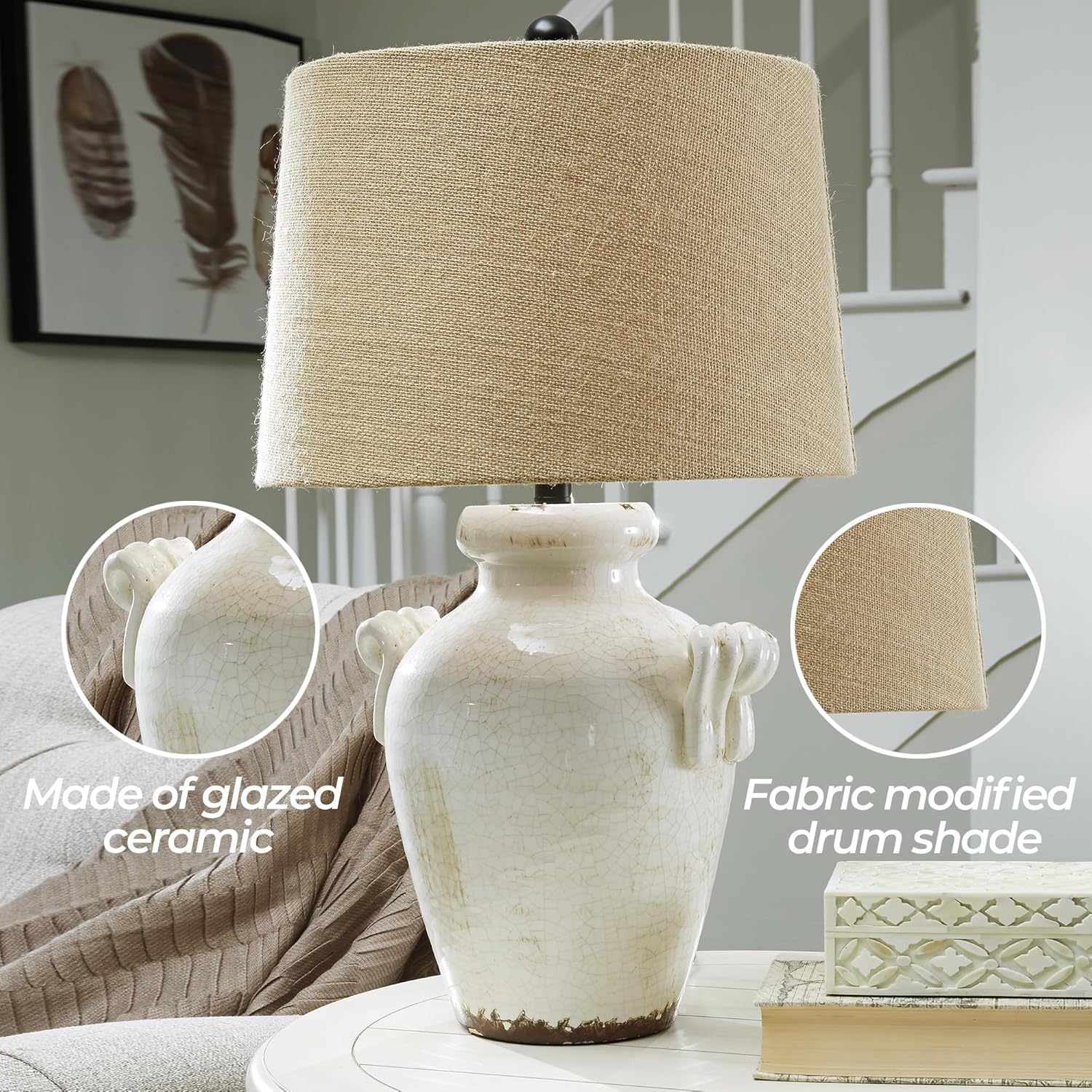 Signature Design by Ashley Emelda Farmhouse 27" Ceramic Table Lamp, Cream Glaze Crackle Finish