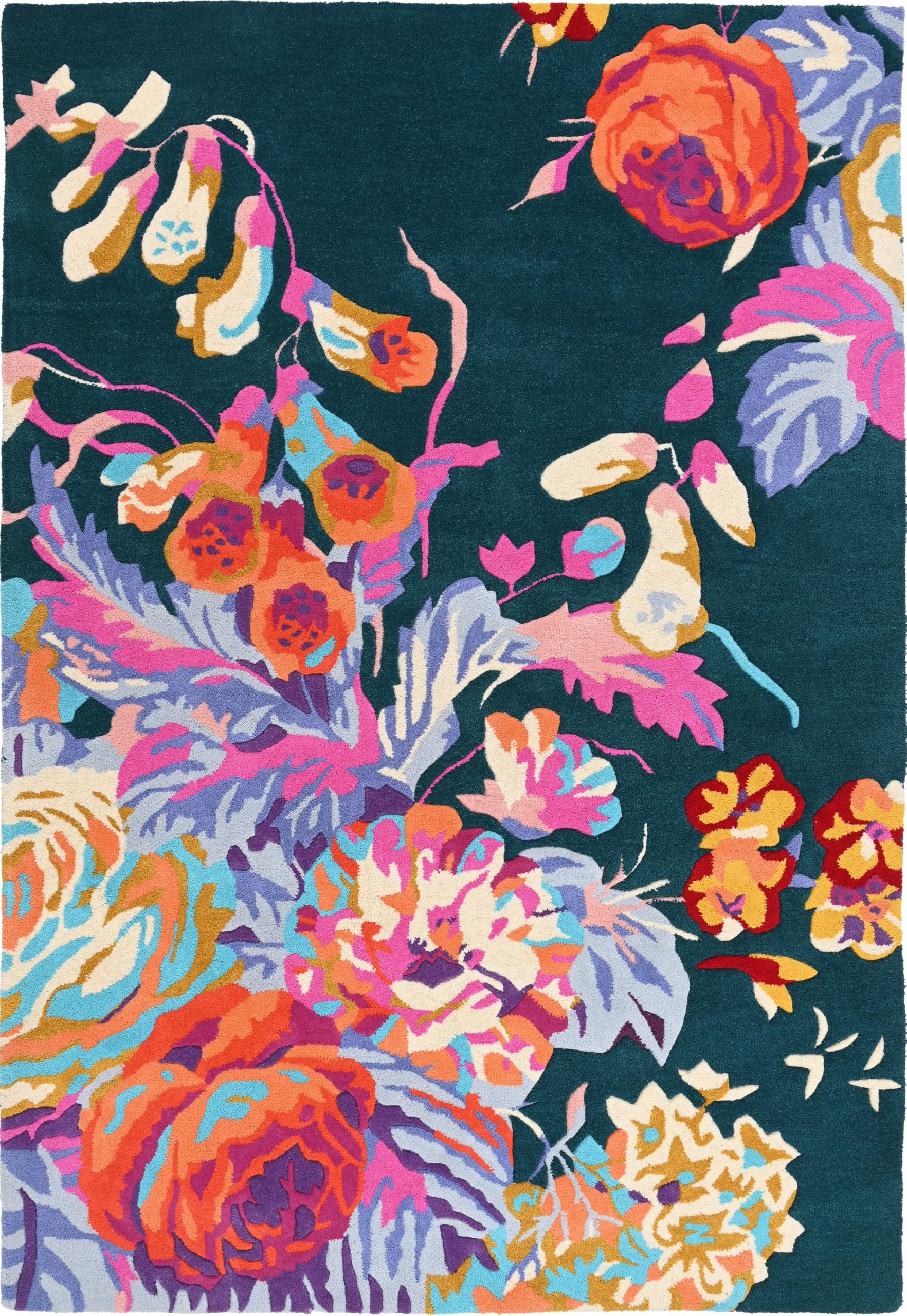 Modern Rose Floral Wool Area Rug | Handmade Area Rug with Garden Colorful Flowers for Living Room Dining Room and Kitchen (Green, 5' x 8')