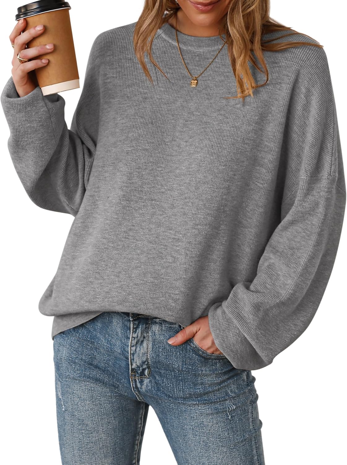 Arach&Cloz Women's Wool Blend Oversized Sweaters Crewneck Casual Outfits Fashion Spring Tops