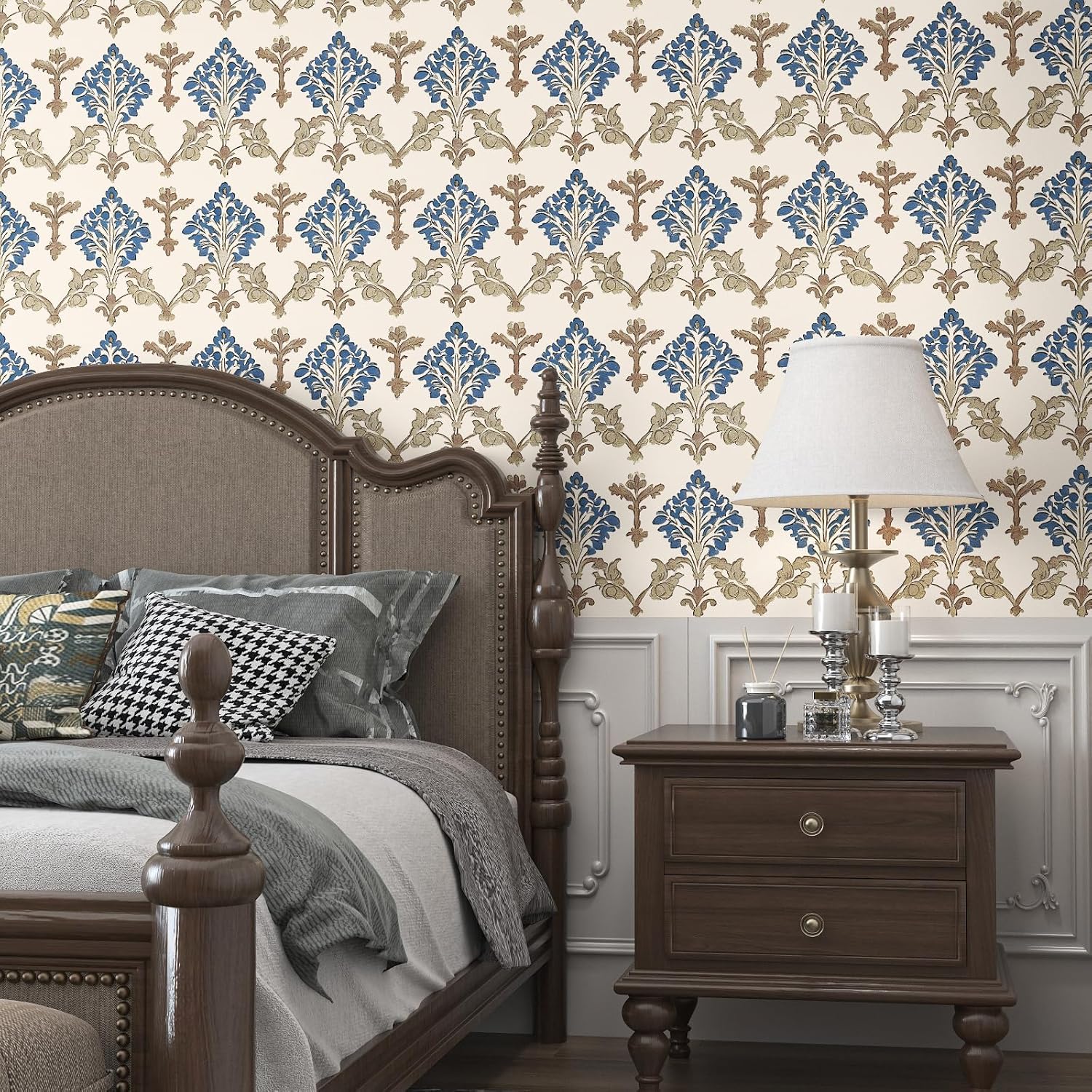 Fvlow Vintage Floral Peel and Stick Wallpaper, 17.7’’ X 118’’ Brown Wallpaper, Brown/Blue Contact Paper Beige Self Adhesive Paper Vinyl Contact Paper for Home Decor Wall Murals Cabinets and Countertop