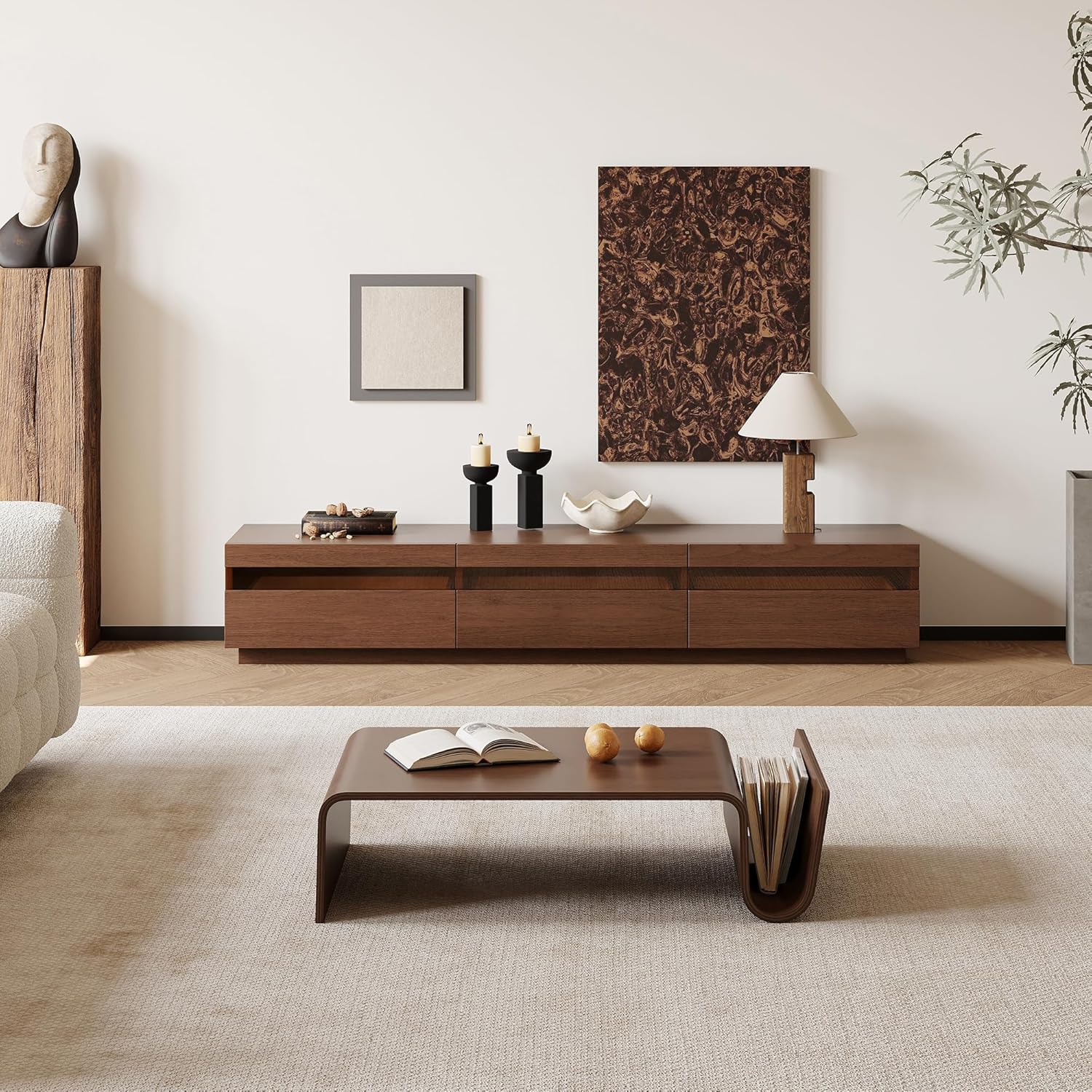 Mid Century Modern TV Stand, 71" Brown Wood Entertainment Center with Storage Drawers, Modular Television Stands Floor TV Consoles for Living Room Bedroom