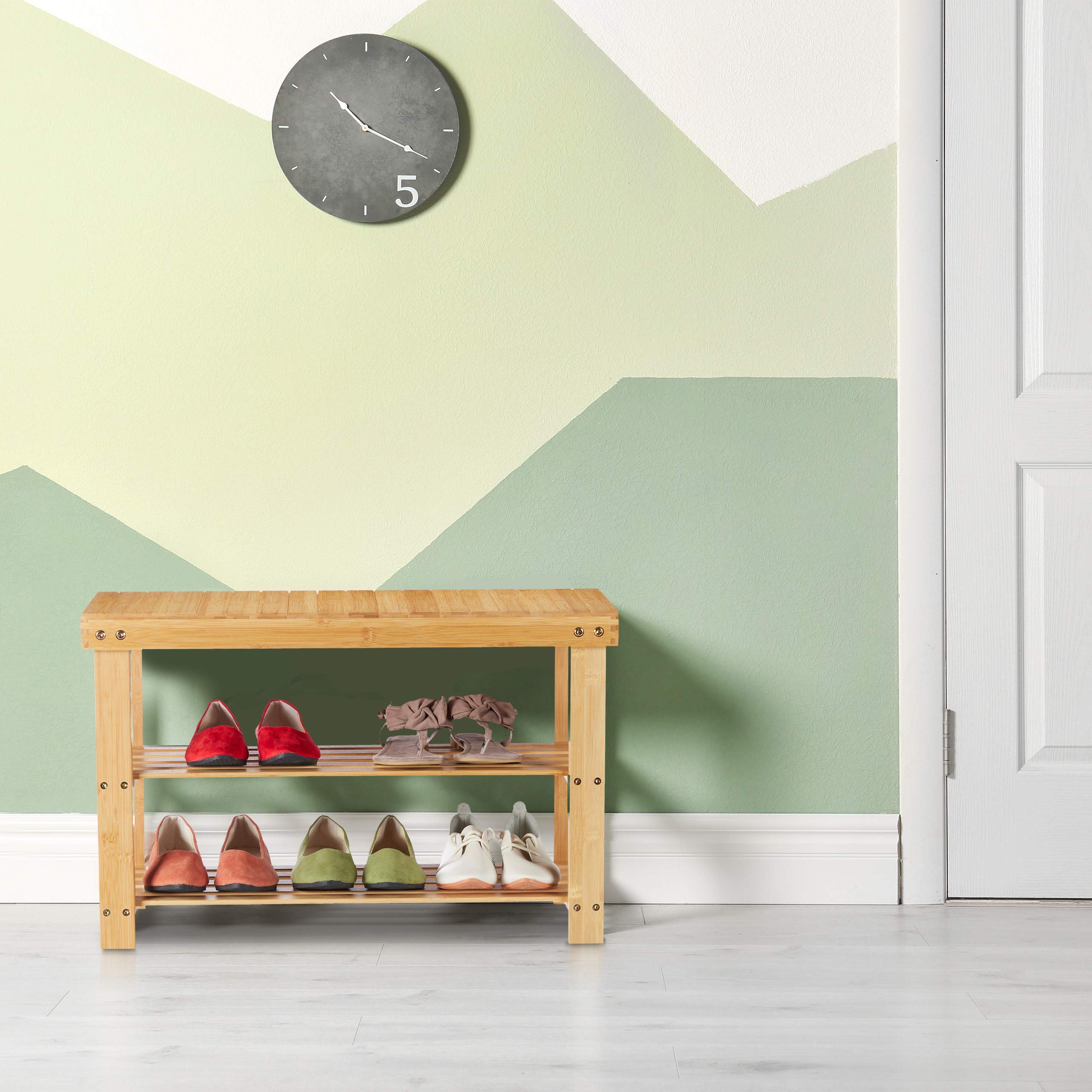 Relaxdays Zapatero Madera con Asiento, Mueble Zapatos con Banco y 2 Baldas, 6 Pares, Pasillo, 45 x 70 x 28 cm, Natural