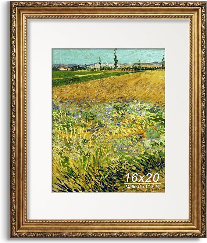 Antique Gold 16x20 Picture Frame, Ornate Embossing Frame with Paper Mat and Plexiglass, Fit for 16x20 without Mat or 11x14 with Mat, Wall Mounting Display for Art Prints, 1 Pack