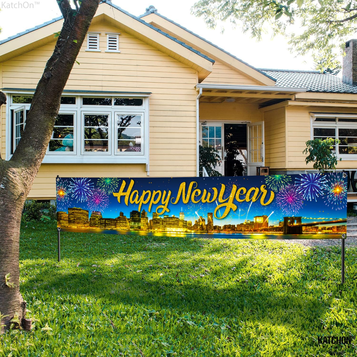 Large Happy New Year Yard Sign Banner – 120x20 Inch Black & Gold, Reusable For NYE Party Decor