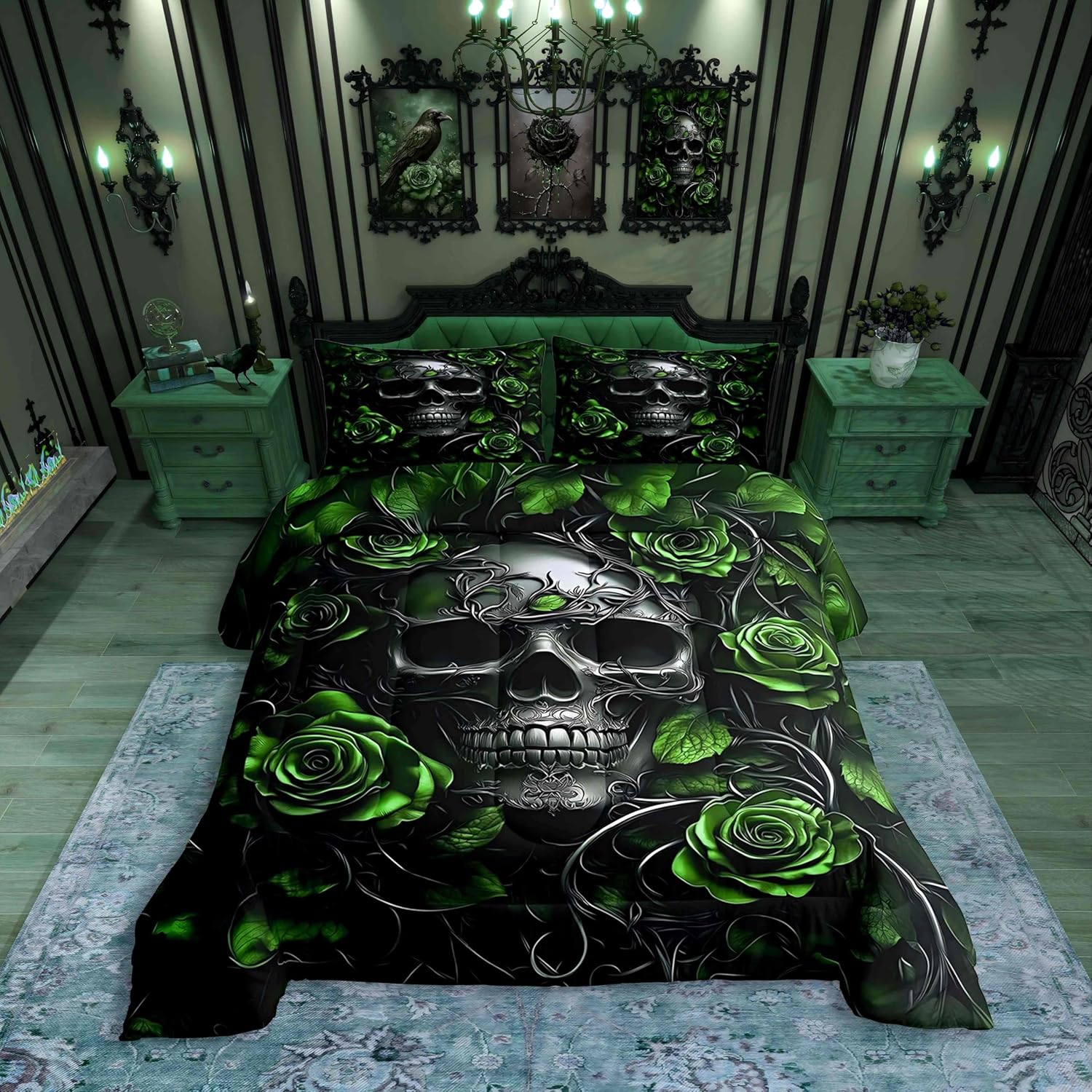 Erosebridal Adults Gothic Comforter Set Bohemian Boho Goth Queen Bedding Sets Vintage Horror Skull Bed Sets Lime Green Rose Baroque Victorian Romantic Rose Duvet Insert,Halloween Gothic Decor
