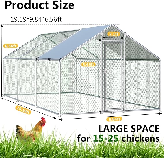 HITTITE Large Metal Chicken Coop with Run, 19.19 x 9.84 x 6.56 ft Walk in Poultry Cage Chicken Run Pen, Outdoor Chicken Runs for Yard with Waterproof & Anti-UV Cover
