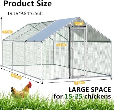HITTITE Large Metal Chicken Coop with Run, 19.19 x 9.84 x 6.56 ft Walk in Poultry Cage Chicken Run Pen, Outdoor Chicken Runs for Yard with Waterproof & Anti-UV Cover