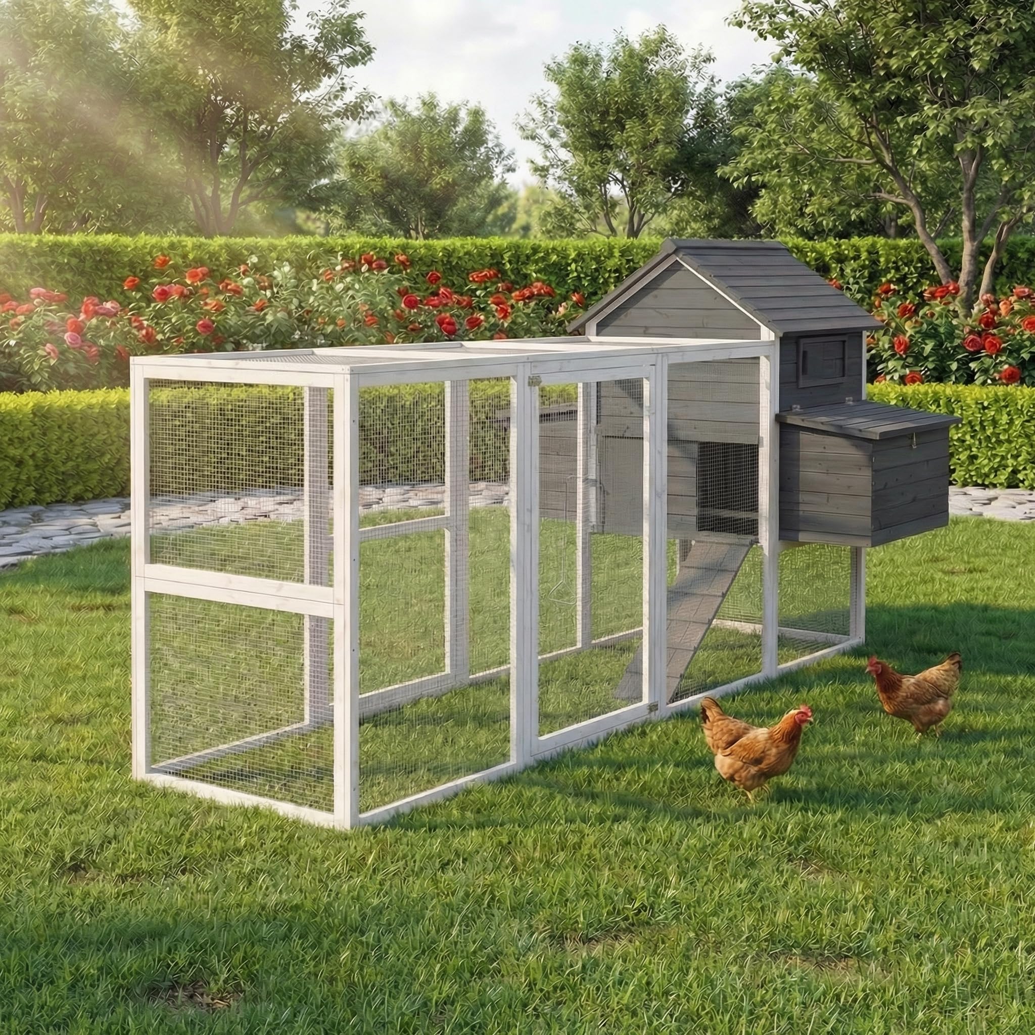 Miweba MyAnimal Hühnerstall XXL für 8 Hühner | 234x127x124 cm Winterfest - Vogelhaus - Hühnergehege mit Nistkasten - Voliere - Hühnerhaus - Freilaufgehege Huhn - Legenest - Vogelvoliere (Grau/Weiß)