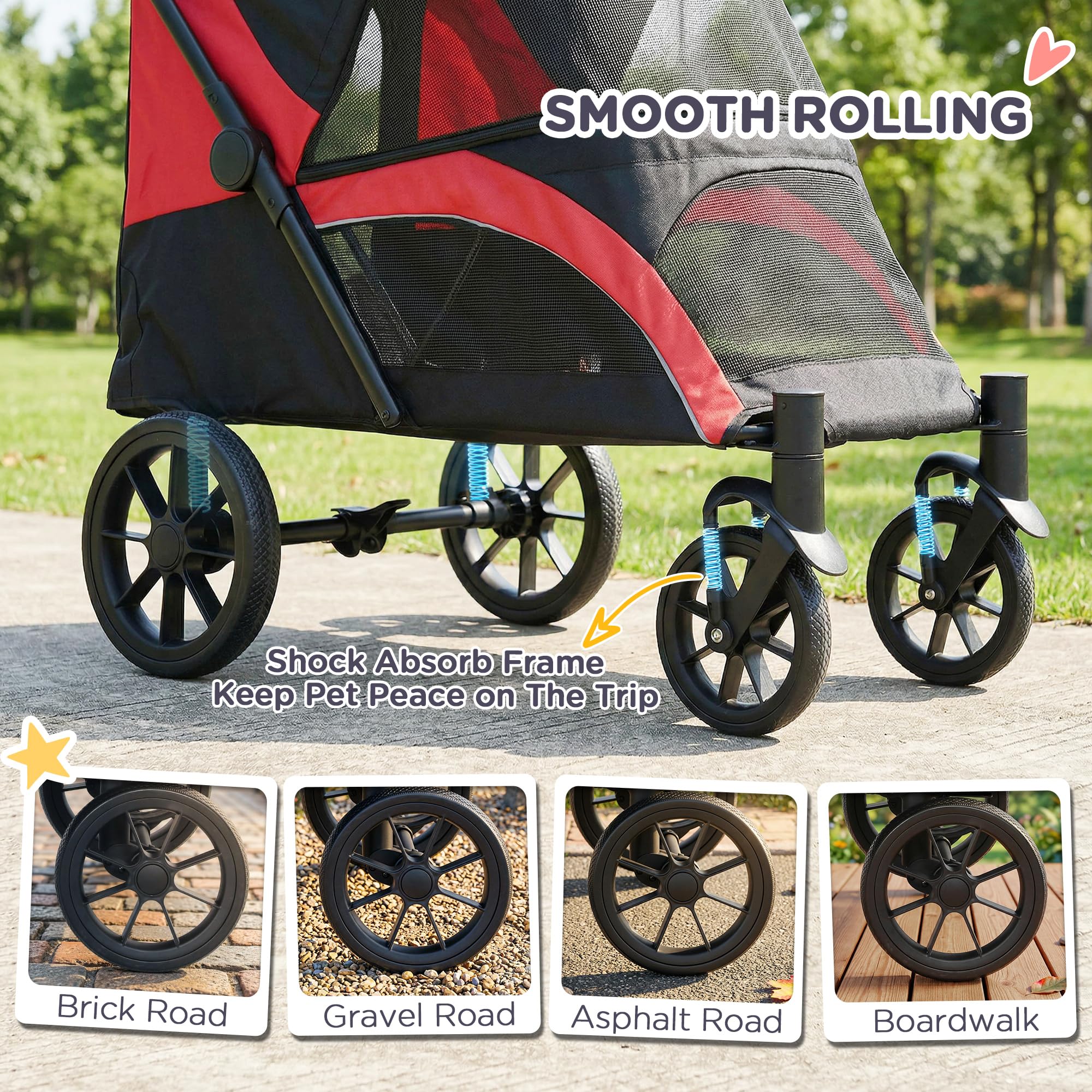 PawHut Carrito para perros plegable para perros y gatos grandes de hasta 30 kg, con cojín, ventanas de red, puertas, bolsa de almacenamiento, carrito para gatos con correas de seguridad, frenos, color