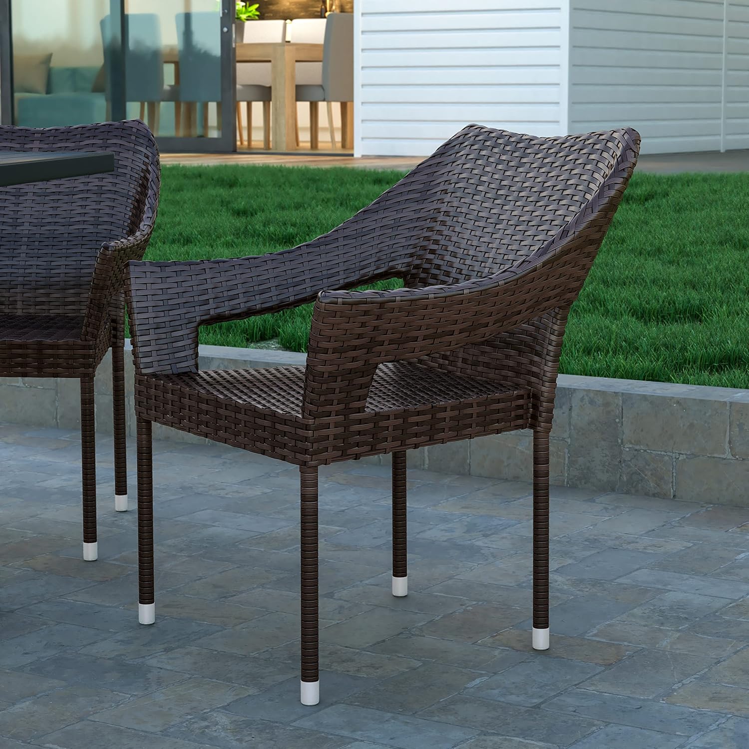 EMMA + OLIVER Embry Patio Dining Chair - PE Rattan with Steel Frame - All Weather Materials - No Assembly Required - Espresso