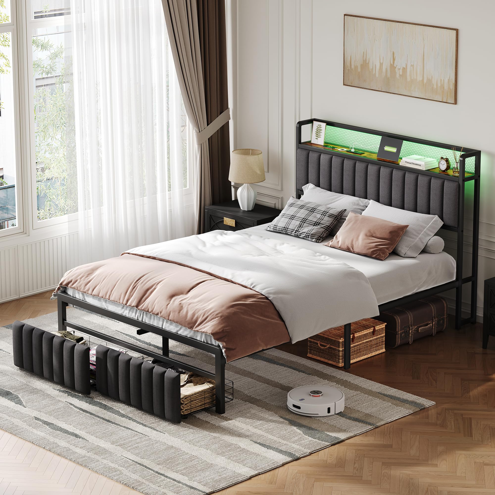 Besbed Double Bed Frame with 2 Storage Drawers, Wooden Storage Headboard Shelf with LED-Light & UPS-Port. Metal Bed for Adults and Teenagers, No Mattress (135 x 190 cm)