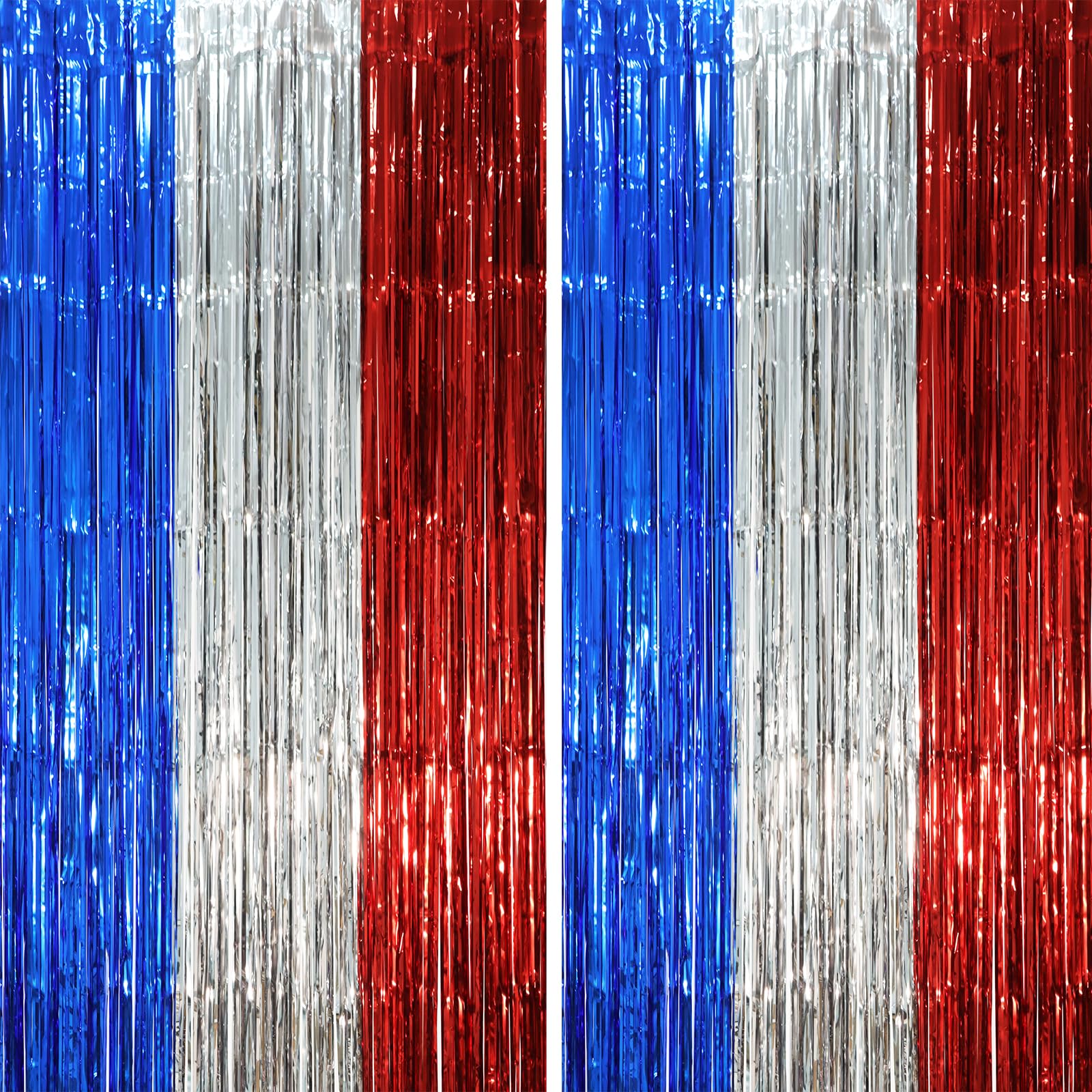 Voircoloria Blue Red Silver Foil Fringe Backdrop Curtains,3.3x6.6ft, 2 Pack | Tinsel Streamers, Door Shimmer, For Baby Shower, Birthday Party Decorations, Graduations
