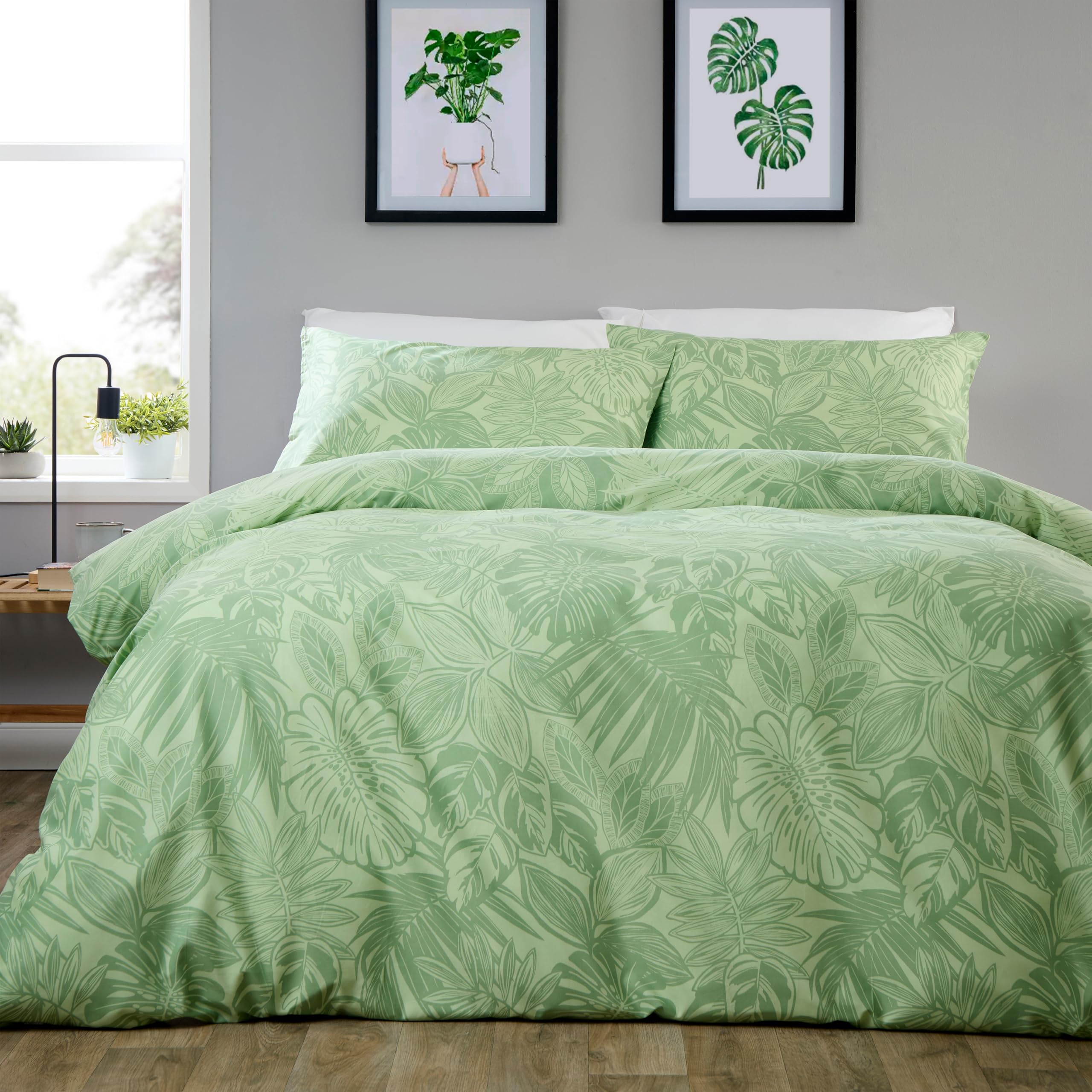 Olivia Rocco Easy Care Printed Duvet Cover Set 100% Microfibre Polyester Breathable Stylish Comforter Reversible Quilted Bedding Bed Sets With Pillowcases, Fern - Sage Green -King