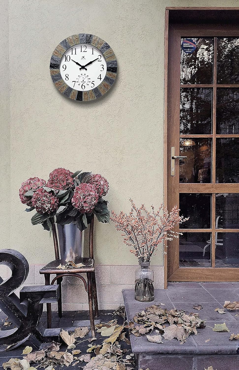 Infinity Instruments 13 inch Outdoor Wall Clock Faux Slate with Built-in Thermometer Combo Waterproof Large Outdoor Clock for Patios Weatherproof Battery Operated Quartz Movement