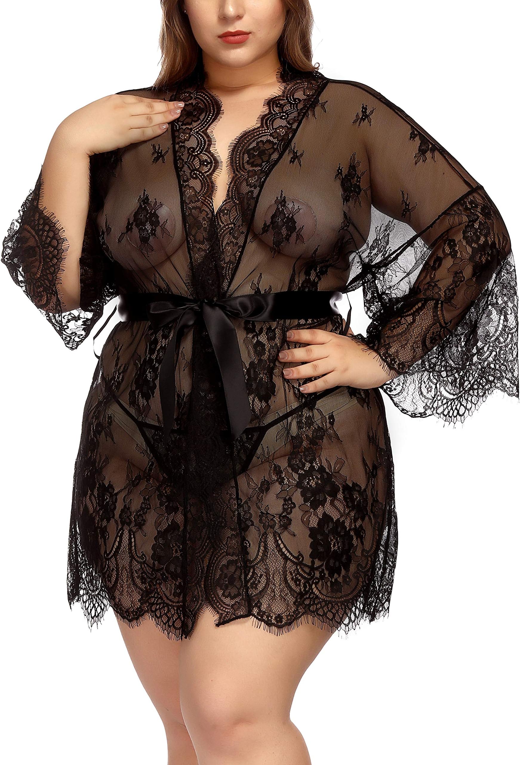TGD Womens Lingerie Lace Plus Size Kimono Robe Mesh Nightgown Dress Sets