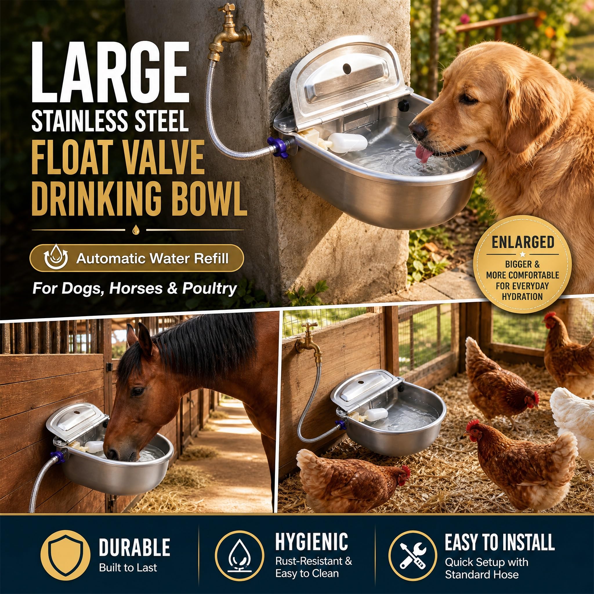 Tessco 2 set di abbeveratoi automatici extra large per cavalli, in acciaio inox, distributore automatico di acqua per cani, ciotola per acqua automatica per bestiame animali da fattoria con adattatore