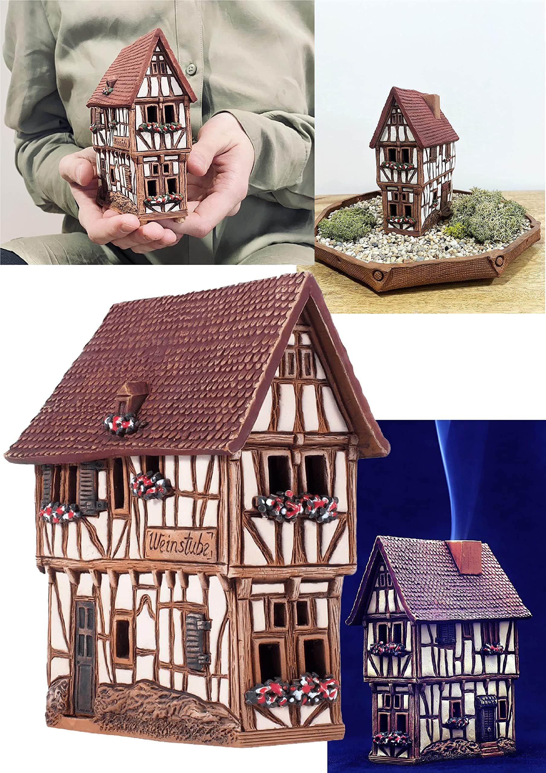 Midene Ceramic Houses and Villages Collection - Handmade House Miniature of Historic Winery in Bernkastel-Kues, Germany - Candle, Cone Incense Holder R255