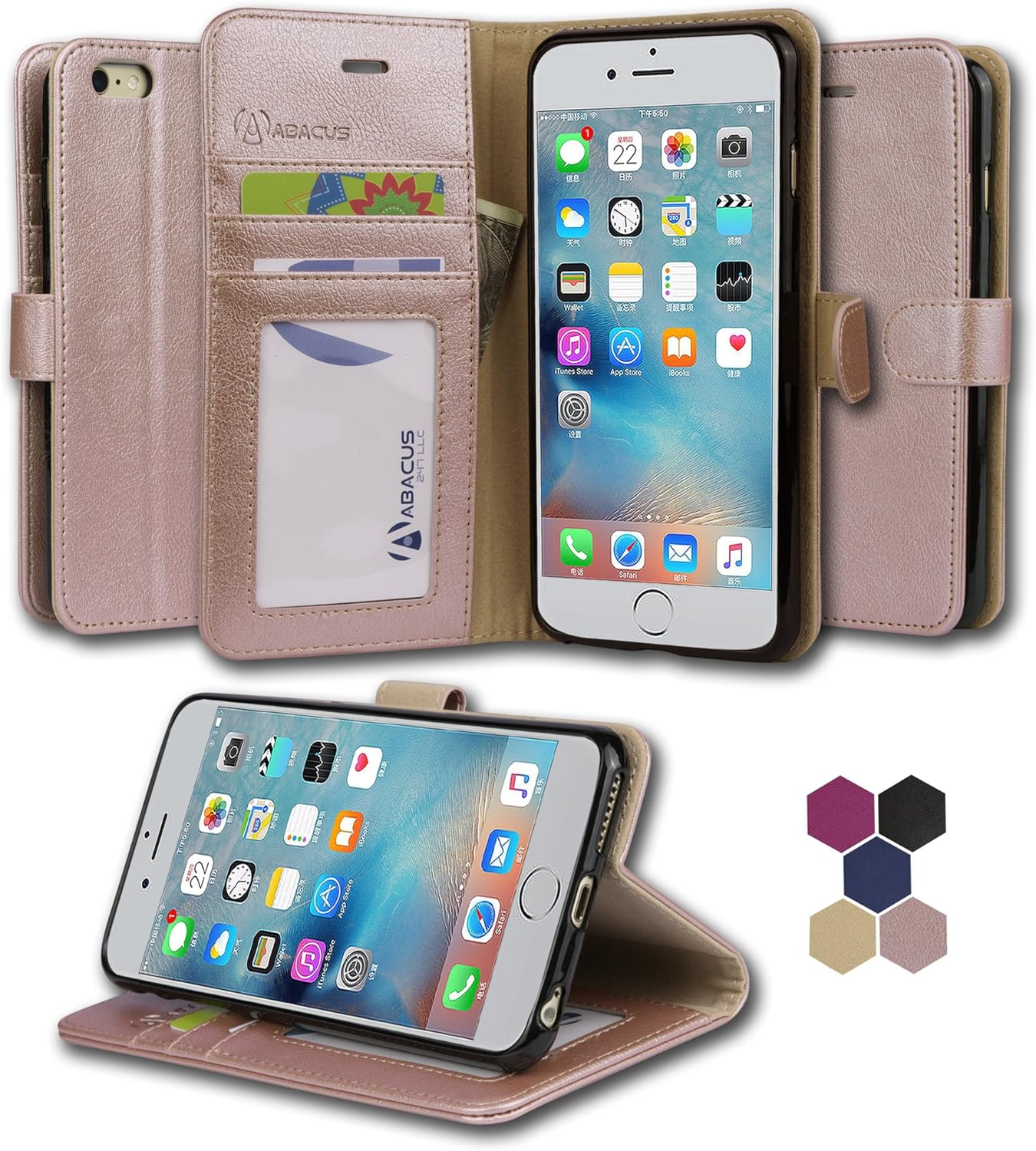 Abacus247 iPhone 6 Plus Case and 6S Plus Wallet & Stand, Rose Gold Cell Phones