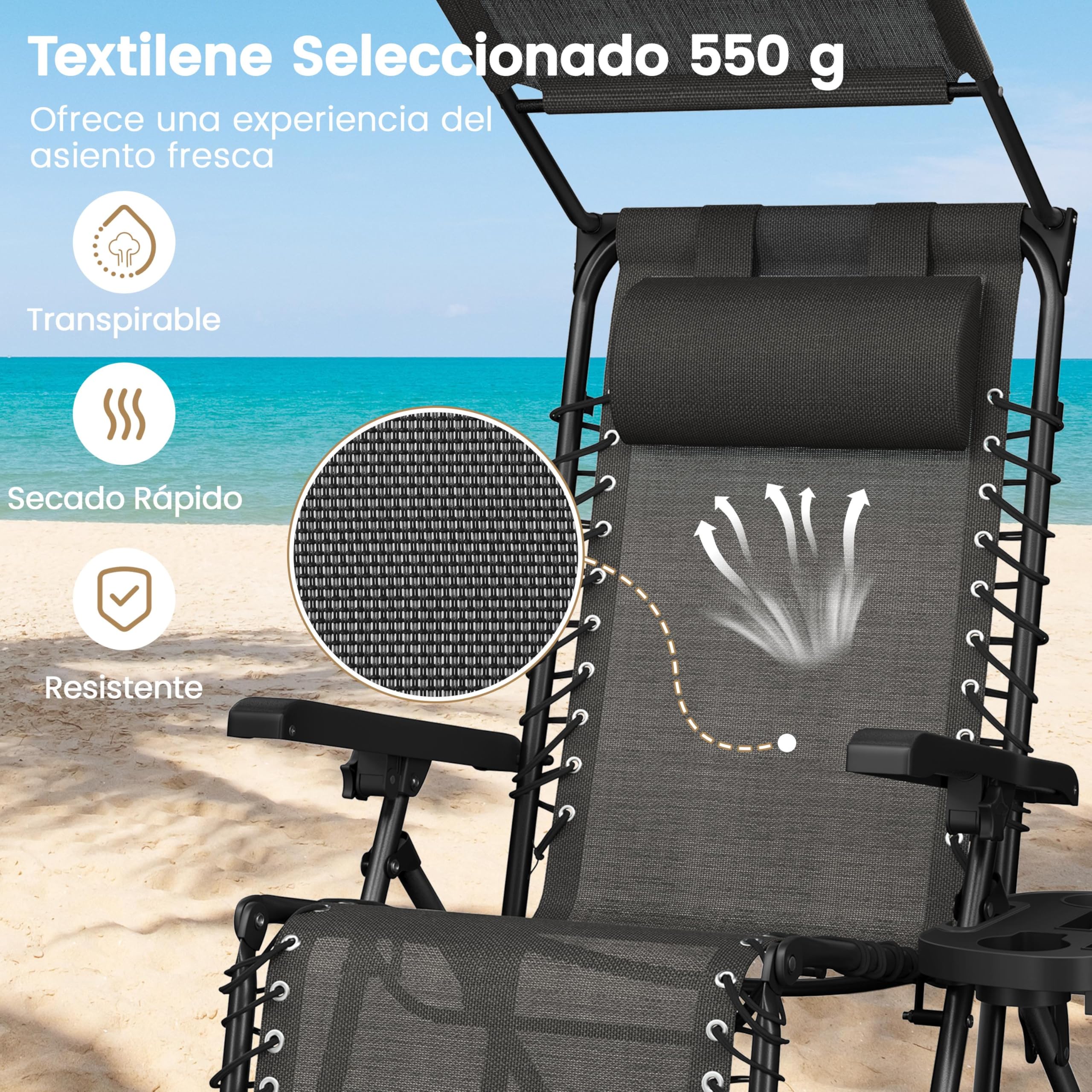 Yaheetech Liegestuhl Klappbar mit Sonnendach, Sonnenliege Verstellbar 90-160° mit Getränkehalter & Nackenkissen, für Garten,Camping & Balkon, Dunkelgrau