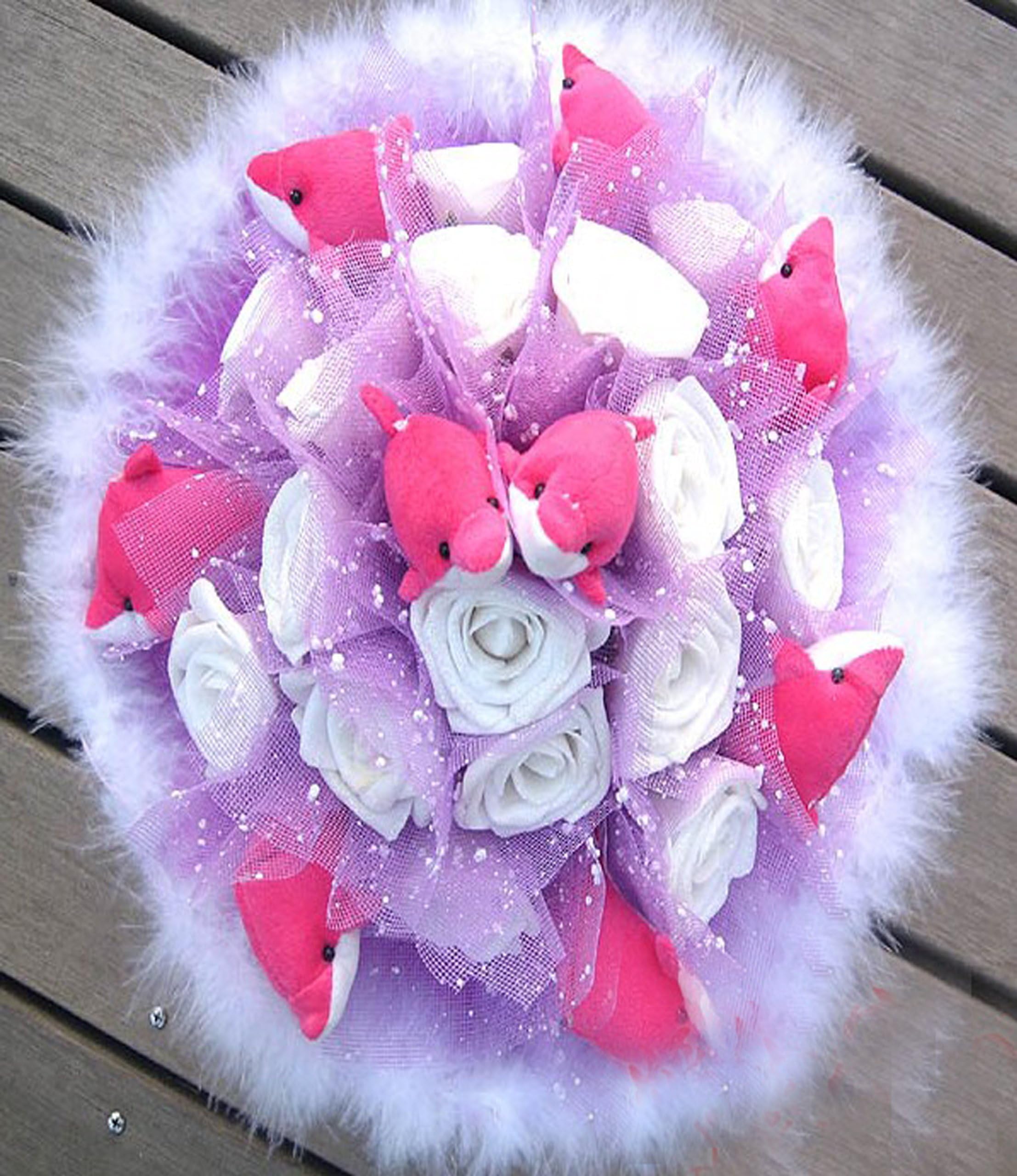 9 Dolphins+16 Rose Cartoon Bouquet Dolls Fake Flowers Home Decrations (5# purple + white rose)