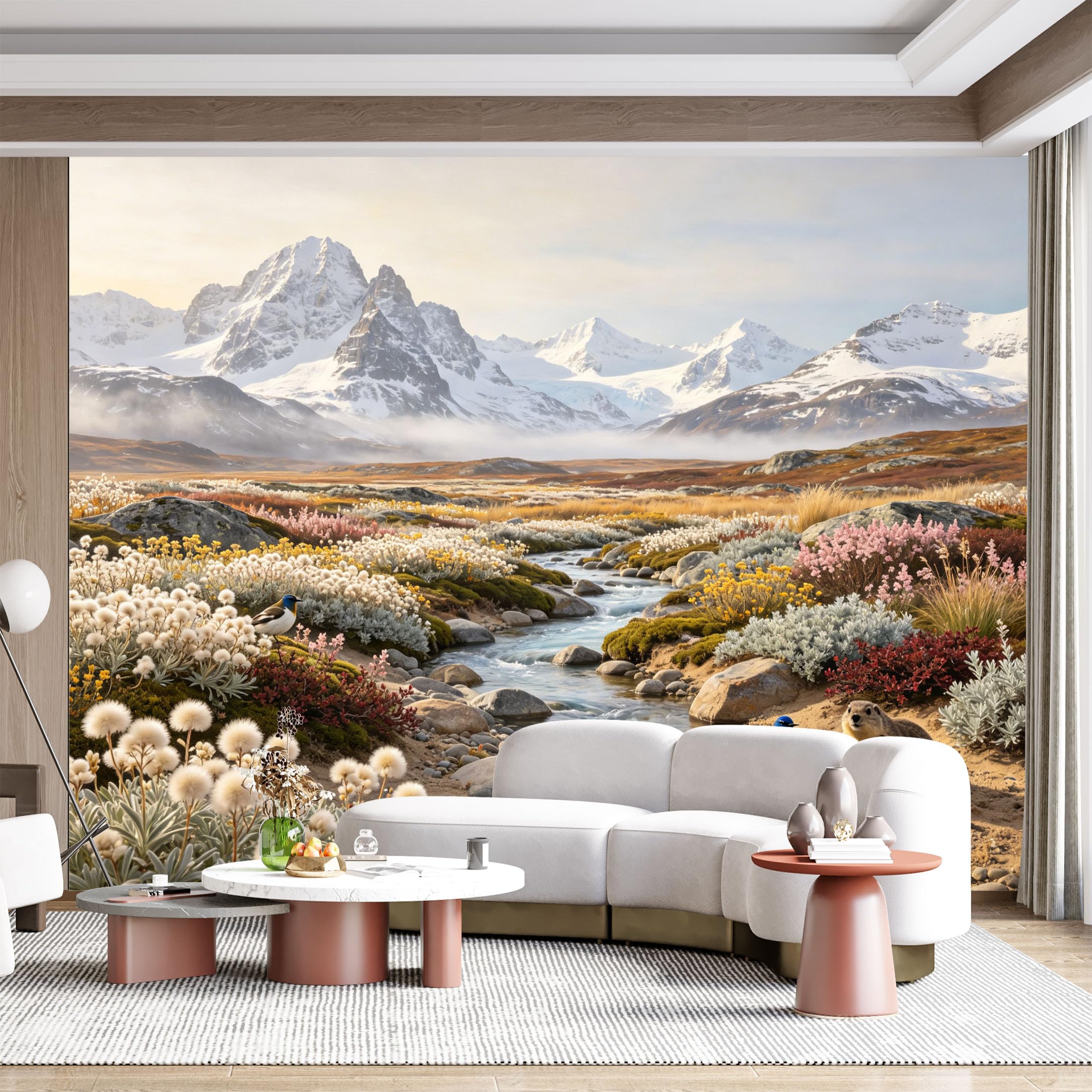 Custom Size Wall Mural Alpine Meadow Stream Wildlife Landscape Mountain Panorama SelfAdhesive Wall Fabric Removable for Home Office Decor