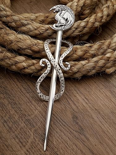 Miniatura 6 de HAQUIL Horquilla de dragón de luna creciente, accesorio para el cabello de aleación de metal con acabado plateado antiguo, pasador de pelo de dragón